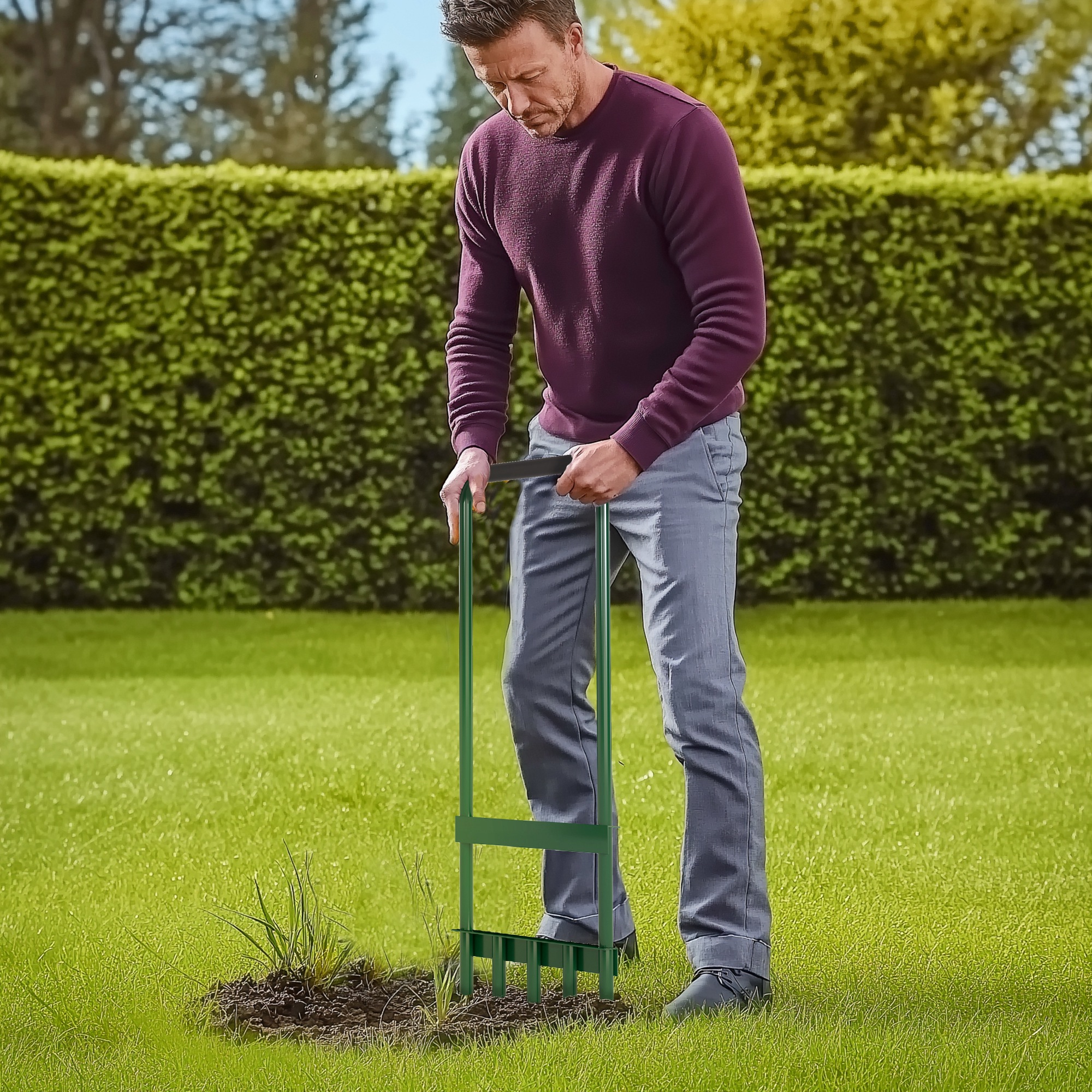 Rasenlüfter Aerifizierer für Rasen 30cm Breite Manuell Rasenbelüfter mit rutschfest Griff für Garten Höfe Dunkelgrün