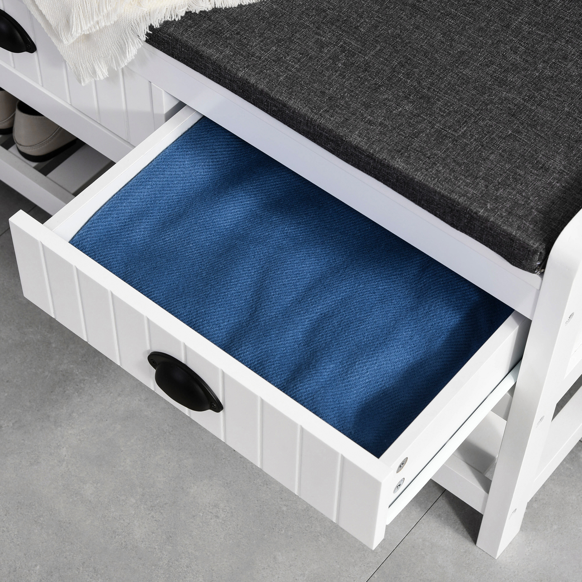 Garderobenständer mit Haken, Garderobe mit Schuhbank, für Eingangsbereich, Flur, Metall, MDF, Weiß+Grau