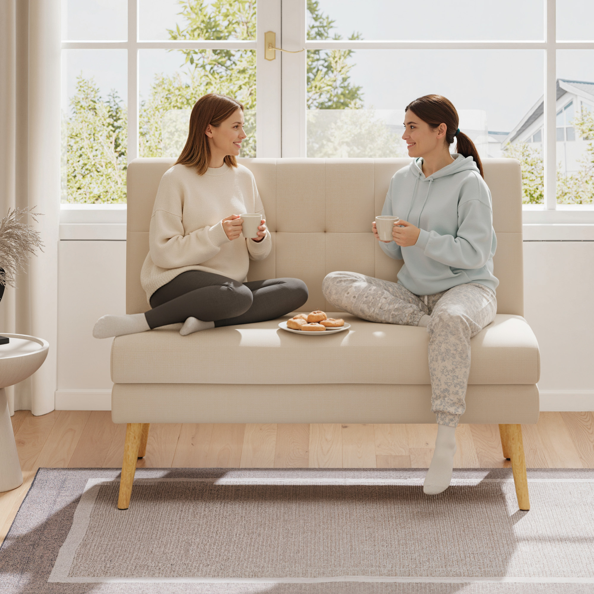 2-Sitzer-Sofa, getuftete Rückenlehne, Holzbeine, dicke Polsterung, Leinenoptik, für kleine Räume, Beige