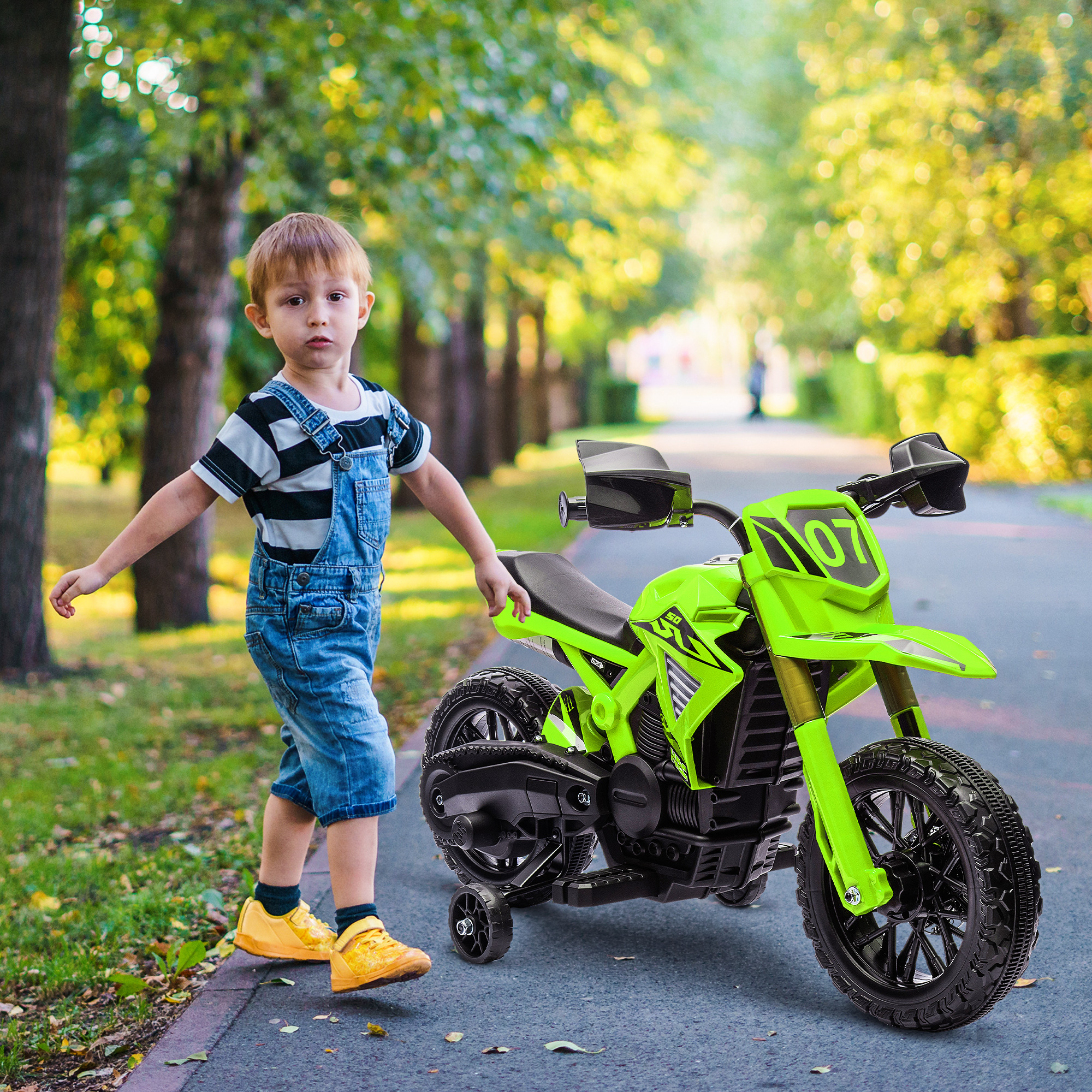 Elektro-Motorrad für Kinder, 6V Batterie-Antrieb, Stützräder, Hupe, Startgeräusch, 3-8 Jahre, Grün