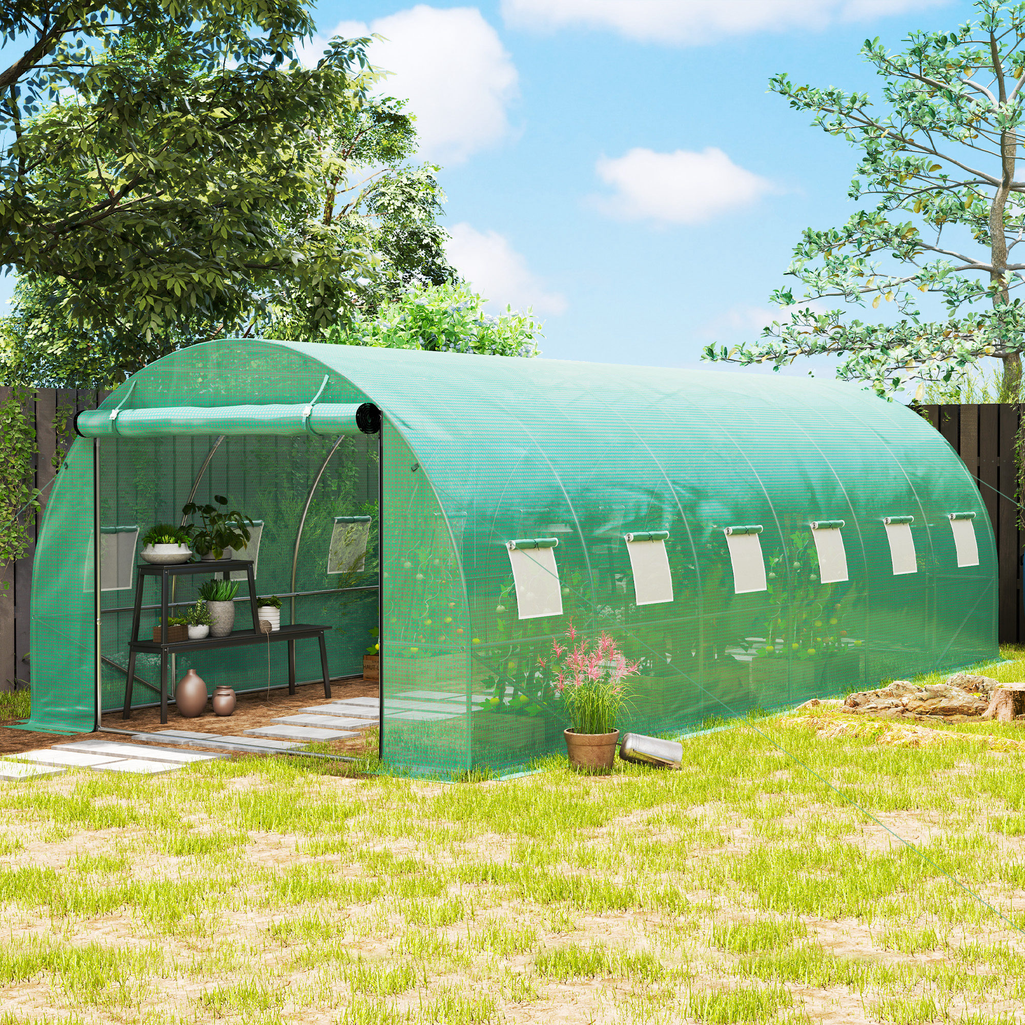 Polytunnel Gewächshaus mit Kunststoff-Abdeckung und Stahlrahmen, begehbares Gewächshauszelt mit Rolltüren, Grün