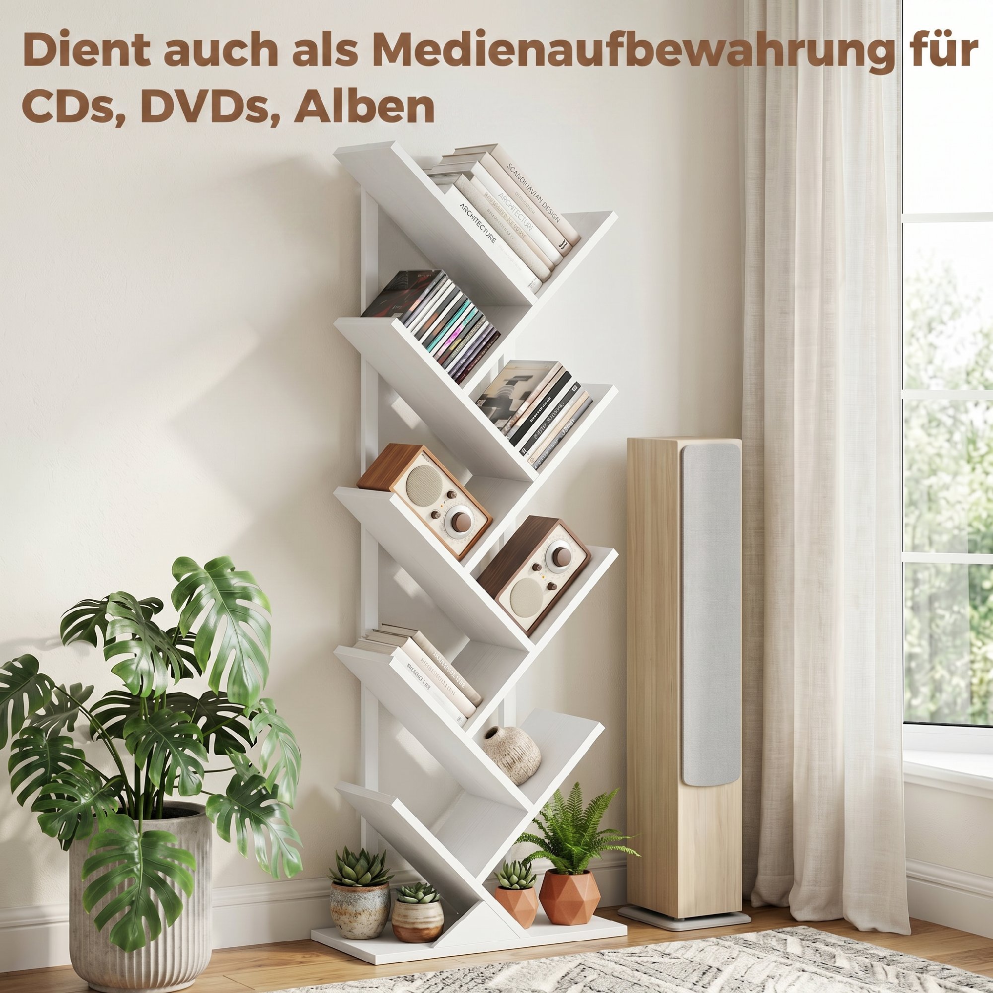 9-stufiges Baum-Bücherregal, freistehendes industrielles Bücherregal mit Stahlrahmen, Aufbewahrungseinheit für CDs, DVDs, Weiß