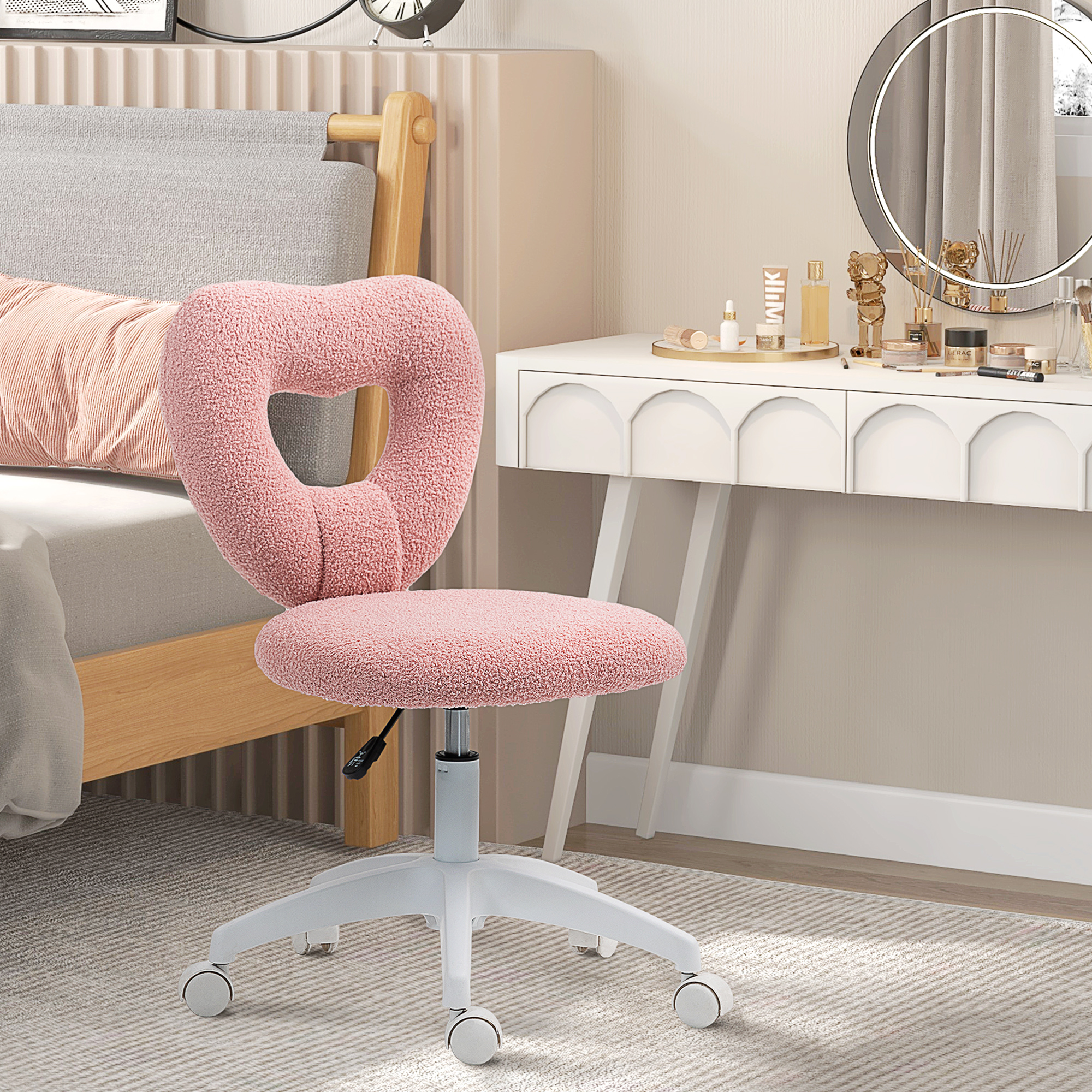 Schreibtischstuhl, Bürostuhl, Herzförmige Rückenlehne, gepolstert, Rosa
