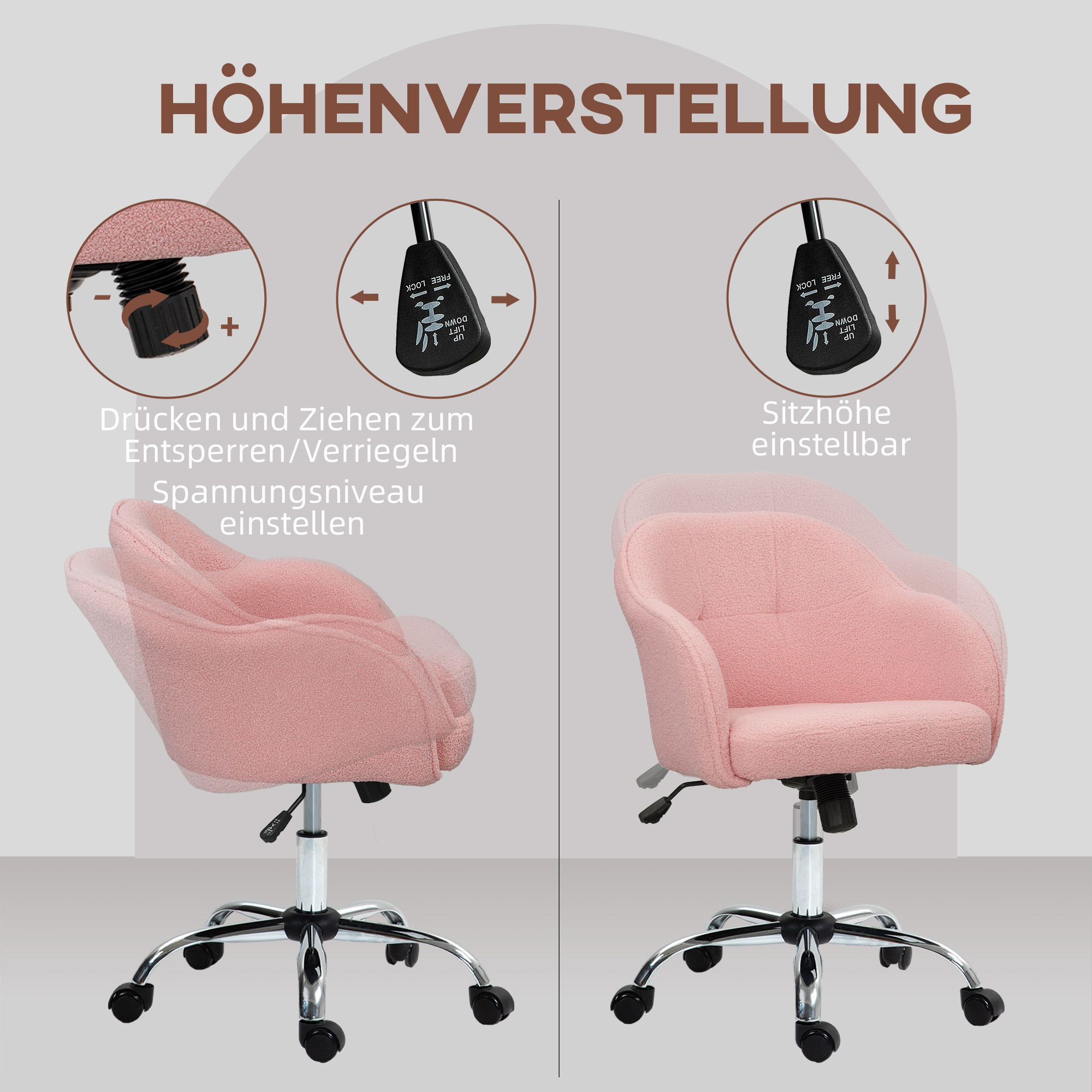 Homeoffice Stuhl, Ergonomisch Schreibtischstuhl mit Wippfunktion, Teddysamtoptik 56 x 61 x 86 cm Rosa