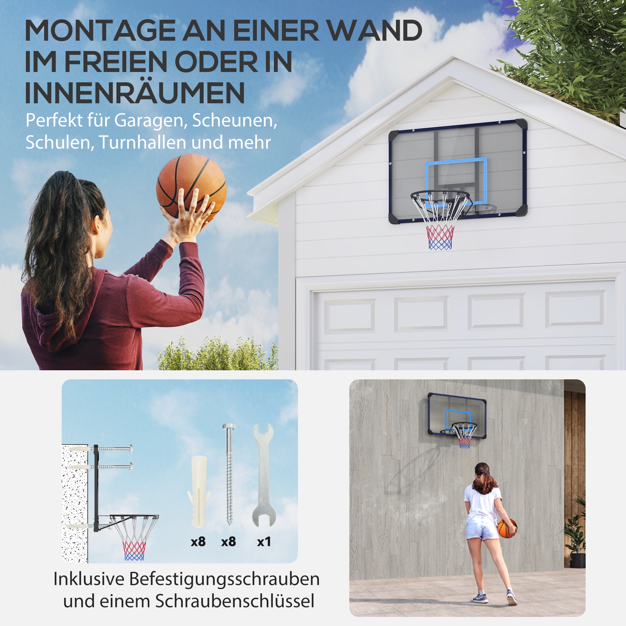 Basketballkorb, universelle Wandhalterung, reißfestes Netz, rostfreier Stahlrahmen, 113 x 61 x 73 cm