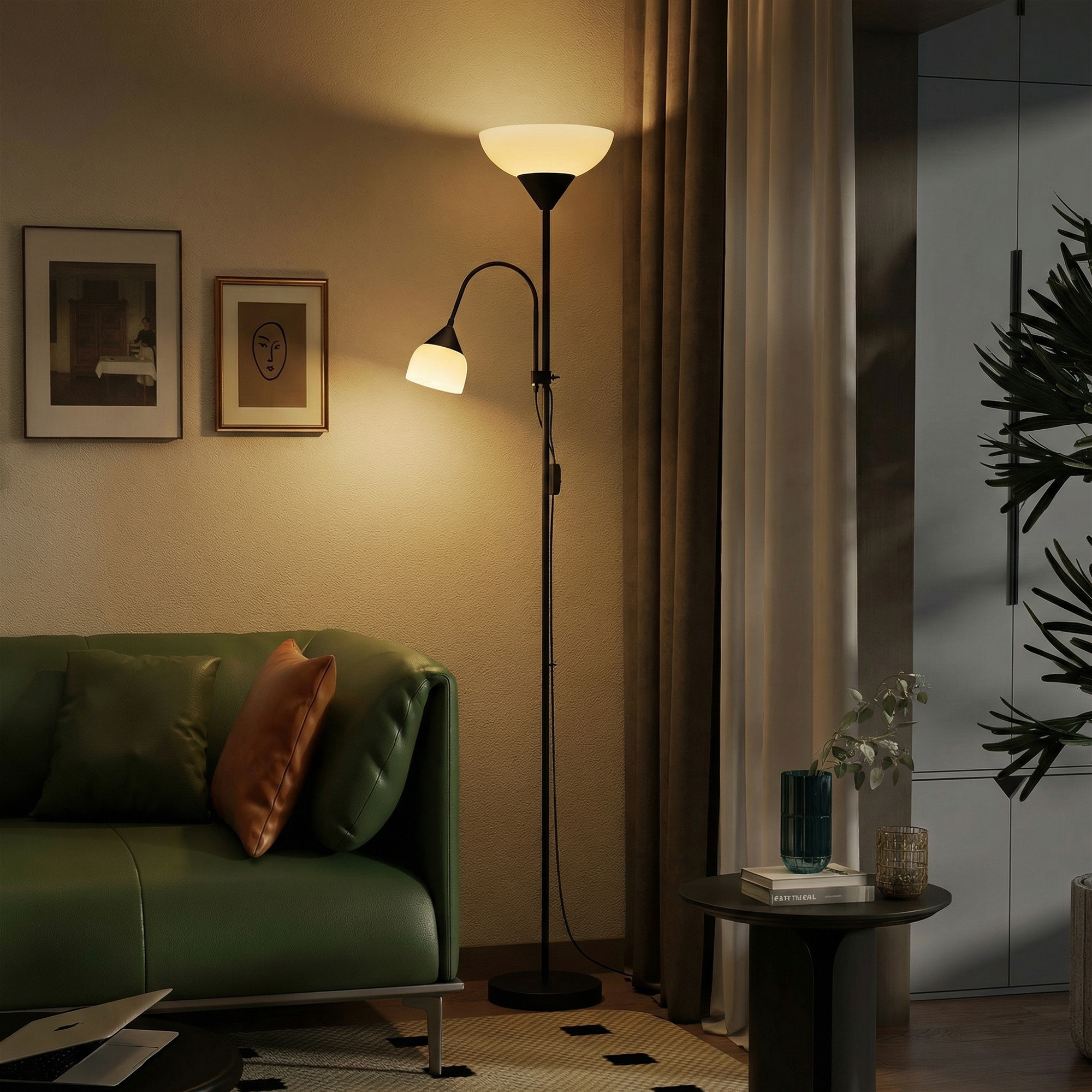 Uplighter, Mutter-und-Kind-Stehlampe, hohe Lampe mit 3 Farbtemperaturen und flexiblem Schwanenhals, Schwarz