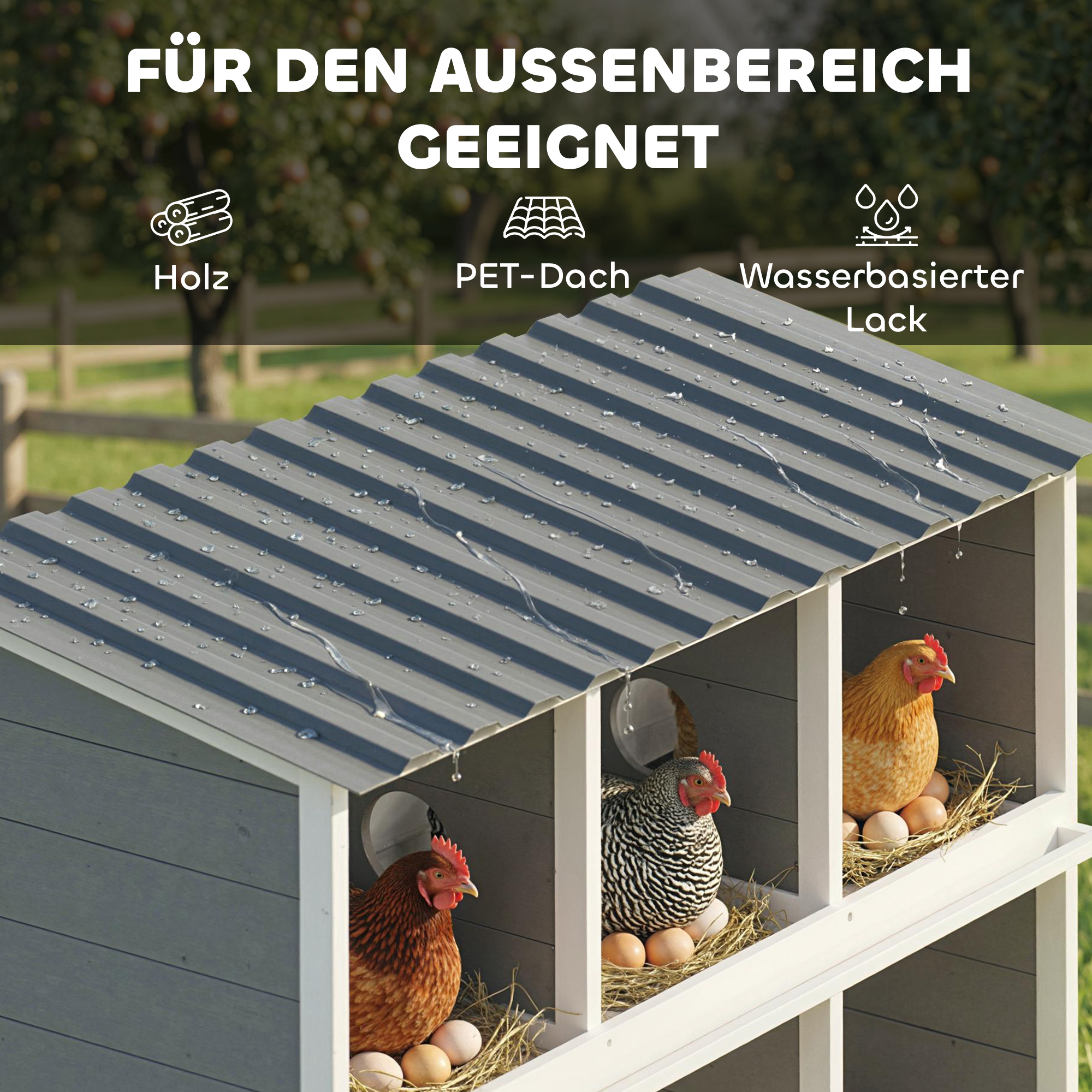 Legenest für Hühner, erhöhtes Hühnernest aus Holz mit 6 Fächer, 2 Sitzstangen für Kleintierstall 102 x 50 x 91 cm, Grau