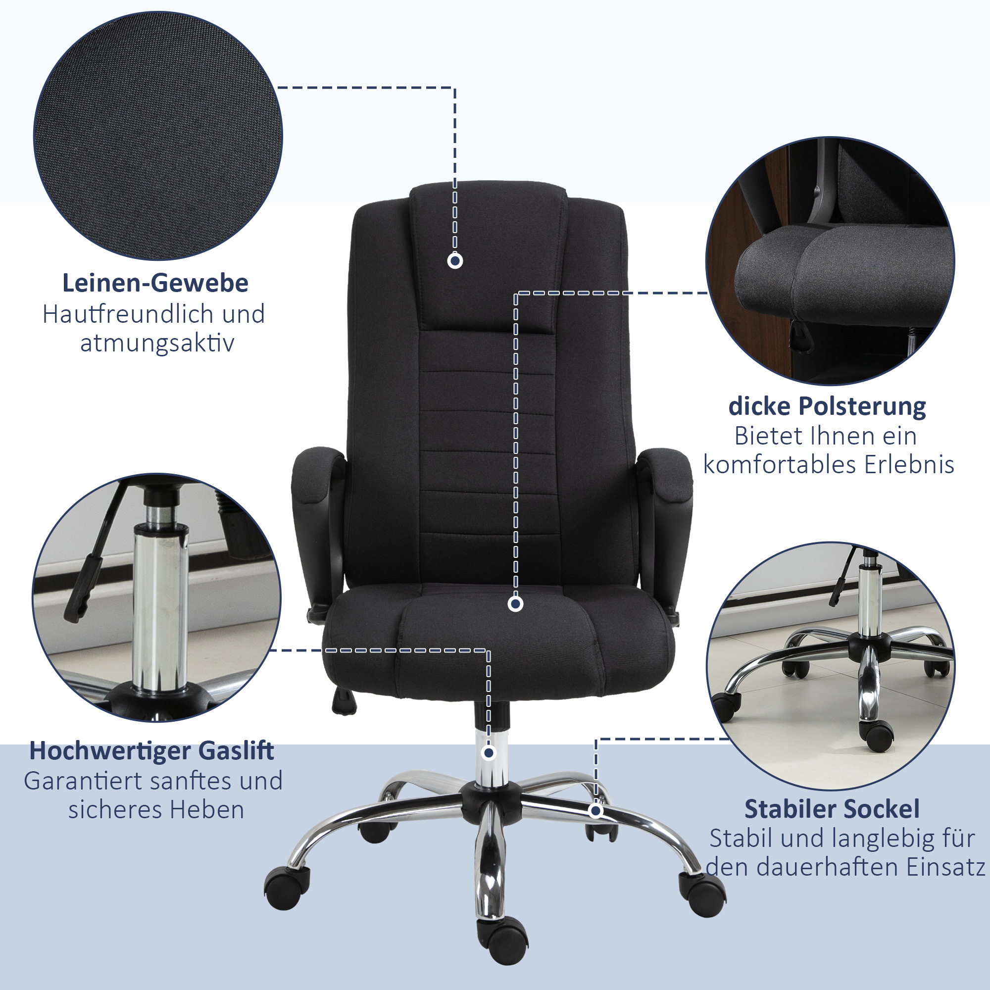 Bürostuhl Computerstuhl mit Wippenfunktion Kopfstütze ergonomischer Schreibtischstuhl drehbar höhenverstellbar Leinen-Touch Schwarz 62 x 76 x 110-119 cm