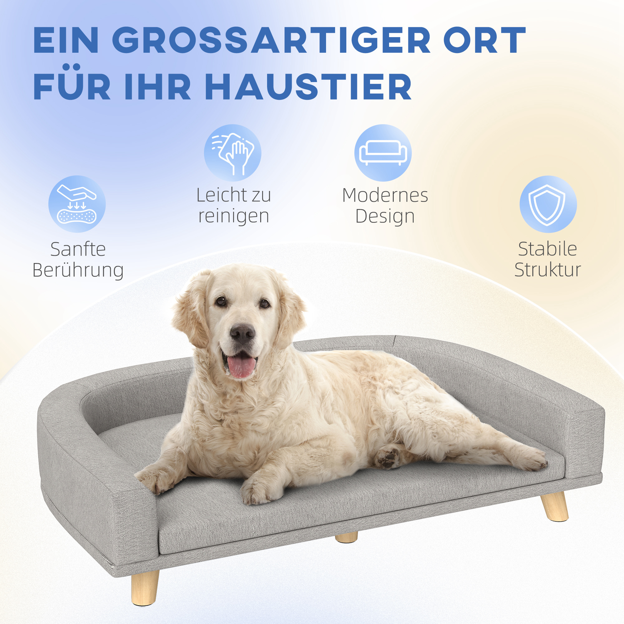 Hundesofa für große Hunde bis 30 kg, gepolsterte, Kiefernholzbeine, 98 x 67 x 25 cm, Grau