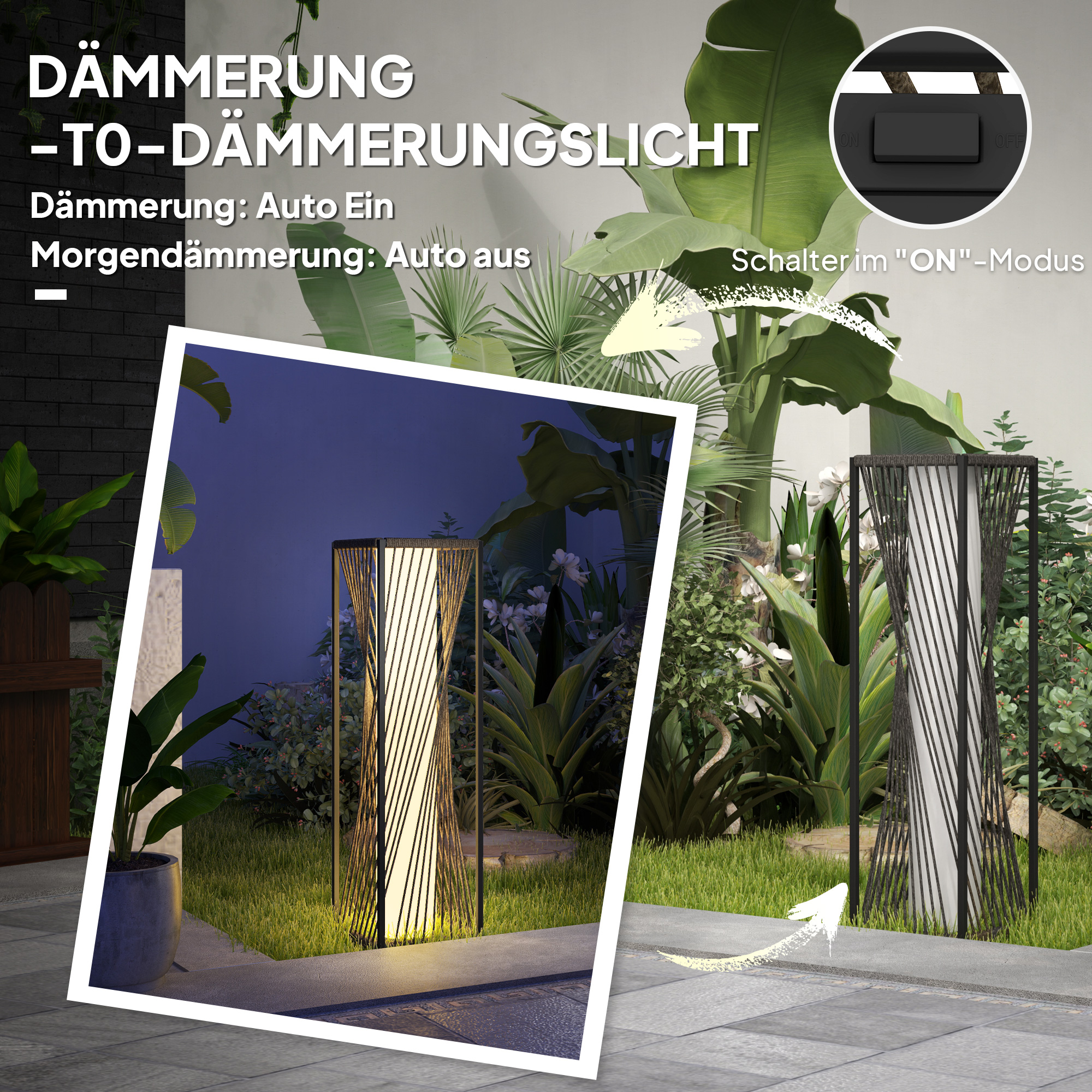 Solar Stehlampe Rattan mit Lichtsensor 25 LED Solarlampen im Boho-Stil IP44 Spritzwassergeschützt Schwarz+Grau