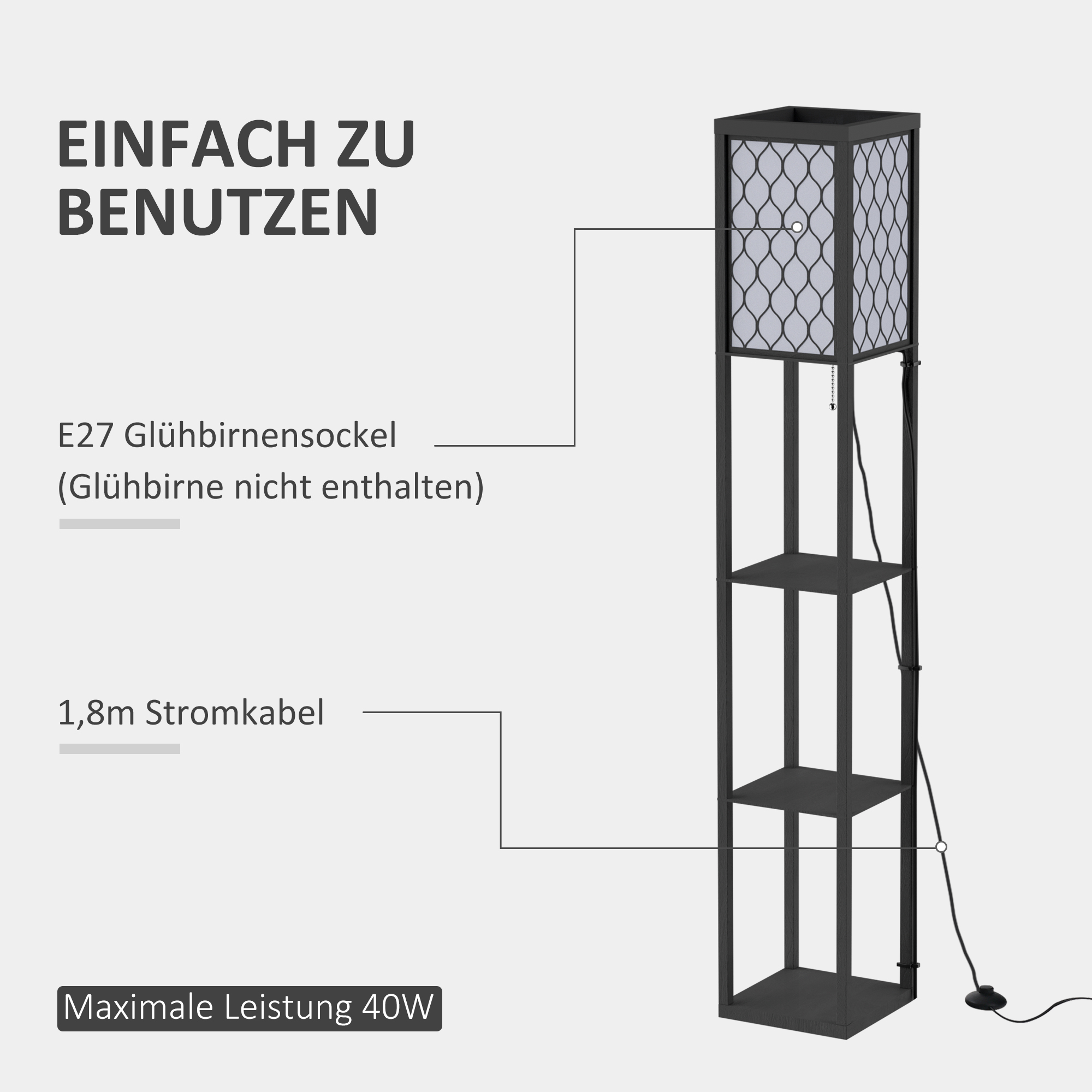 Stehlampe Wohnzimmer mit Regal, Stehleuchte Standleuchte mit E27 Fassung für Wohnzimmer Schlafzimmer, exkl. Glühbirne