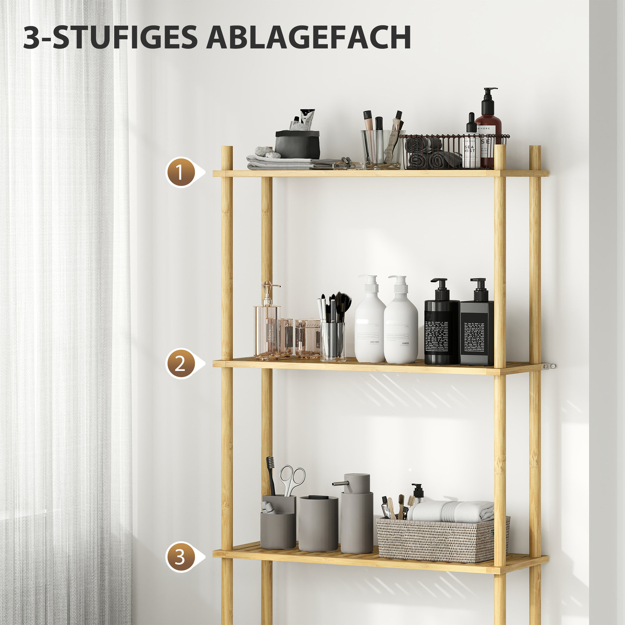 Toilettenregal 3 Ebenen Badezimmerregal, platzsparend Naturholz 69 x 25,5 x 181 cm