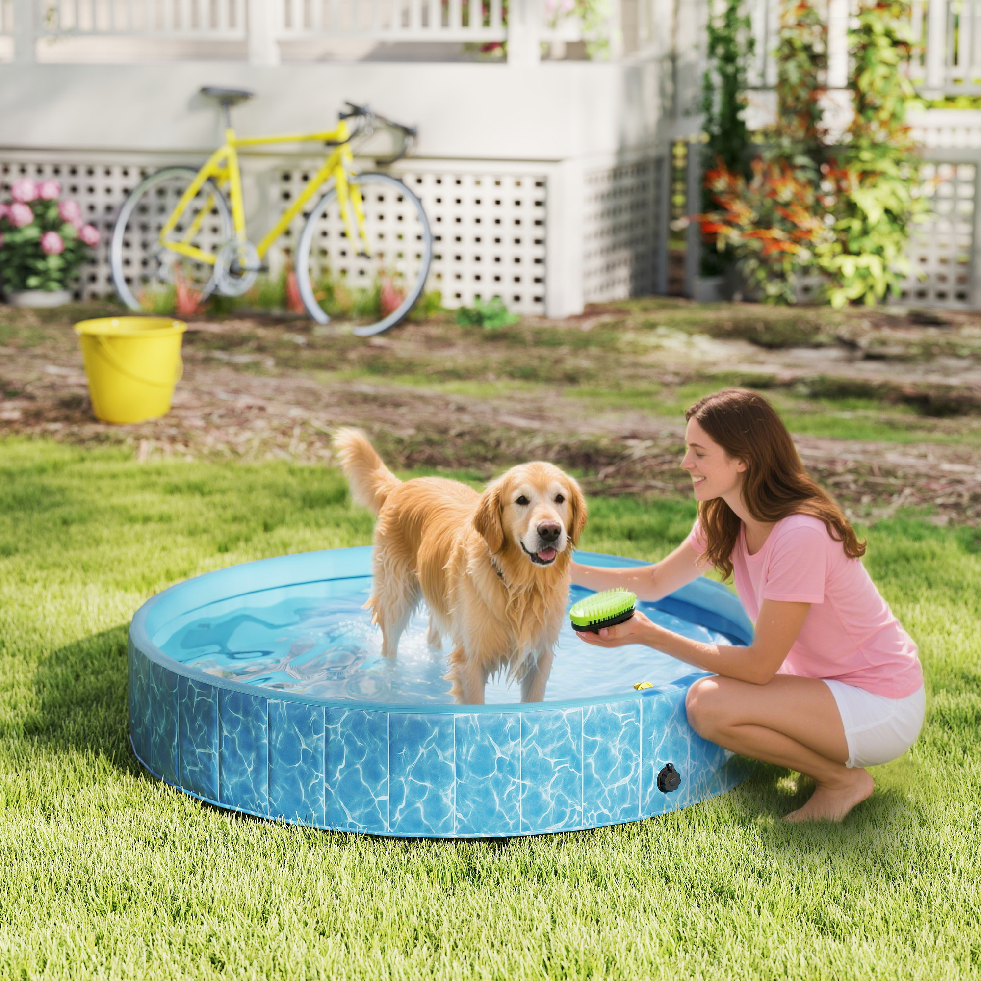 Hundepool Faltbar Planschbecken mit Brunnen- und Wasserpolsterdesign Ø160 x 30 cm Blau