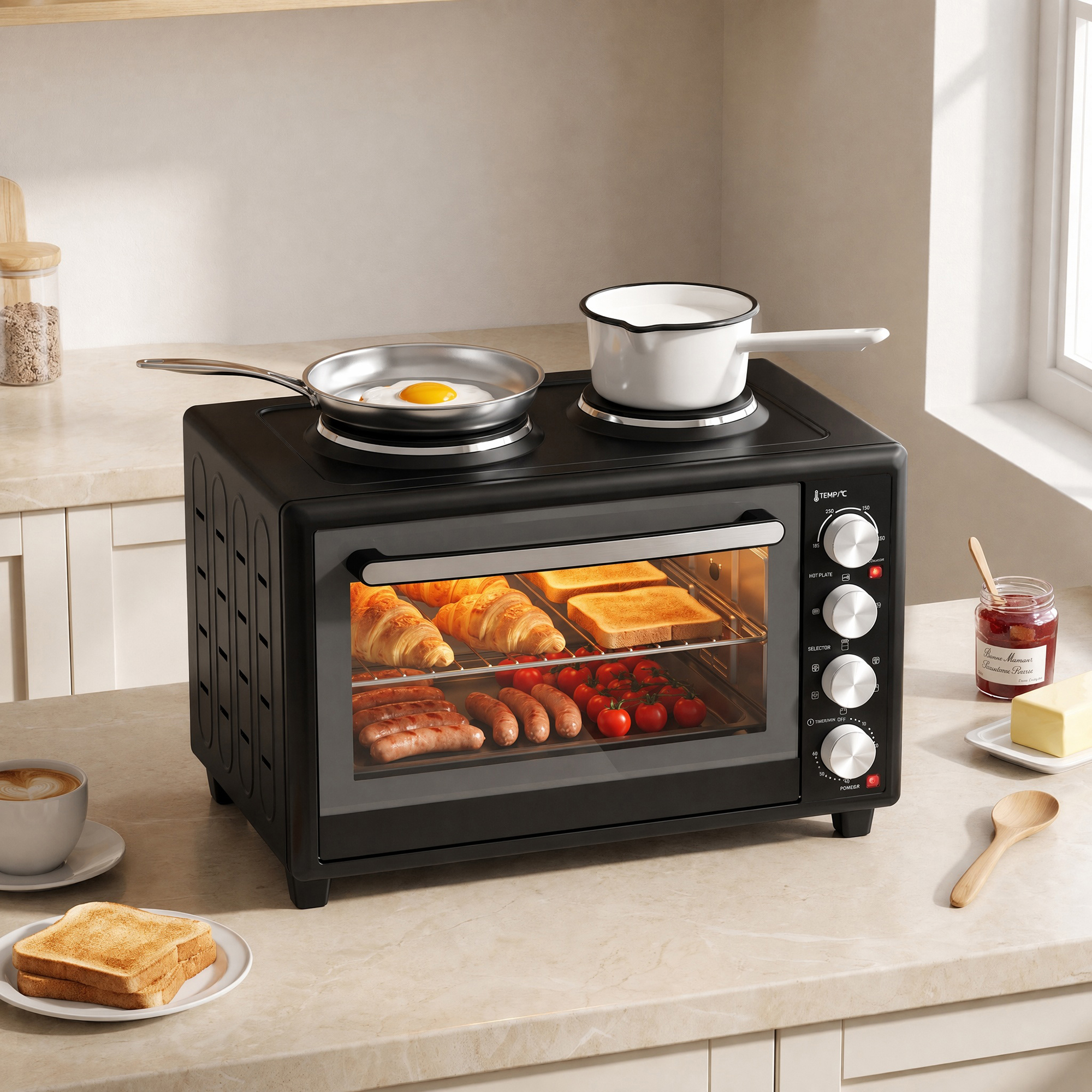 36L Mini-Backofen mit 2 Kochplatten, elektrischer Tischbackofen mit Umluft, 90–230 °C