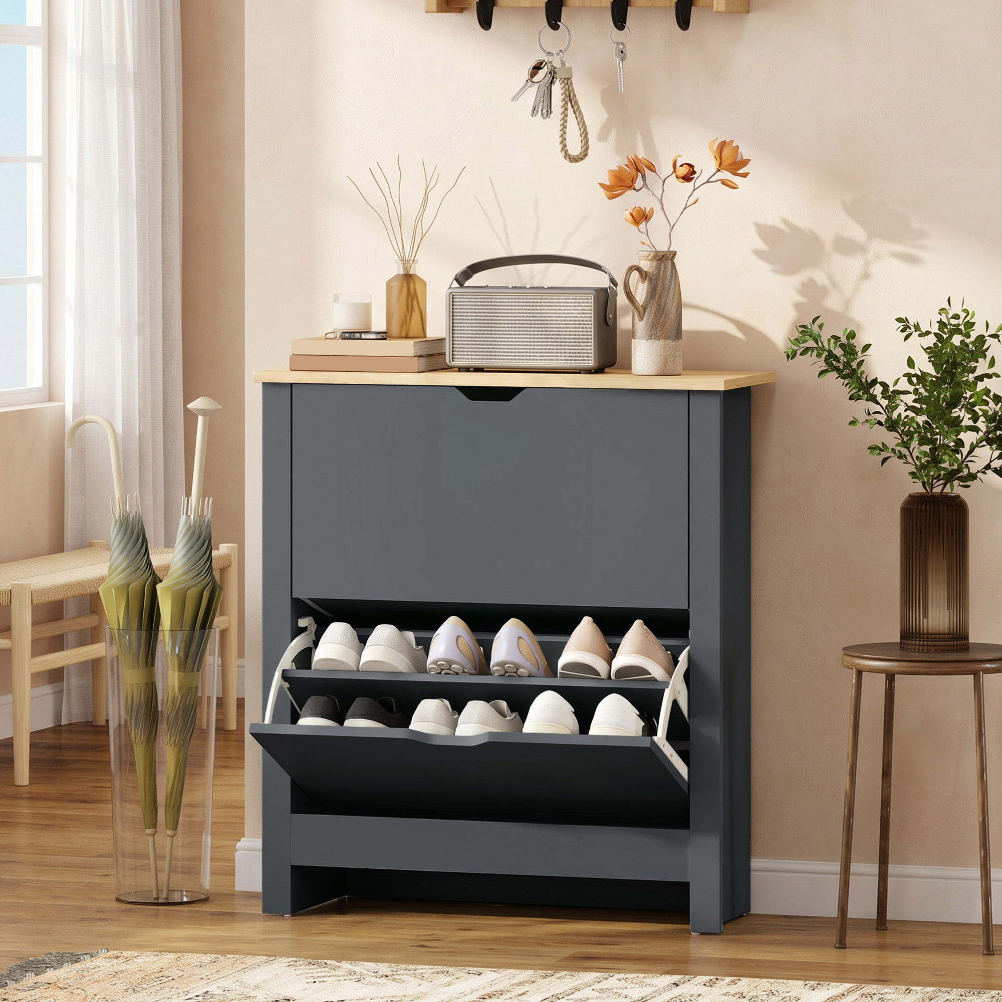 Schuhschrank mit 2 Klappfächern, verstellbar Trennwand für 8-12 Paar Schuhe, 72 x 26 x 80 cm, Dunkelgrau