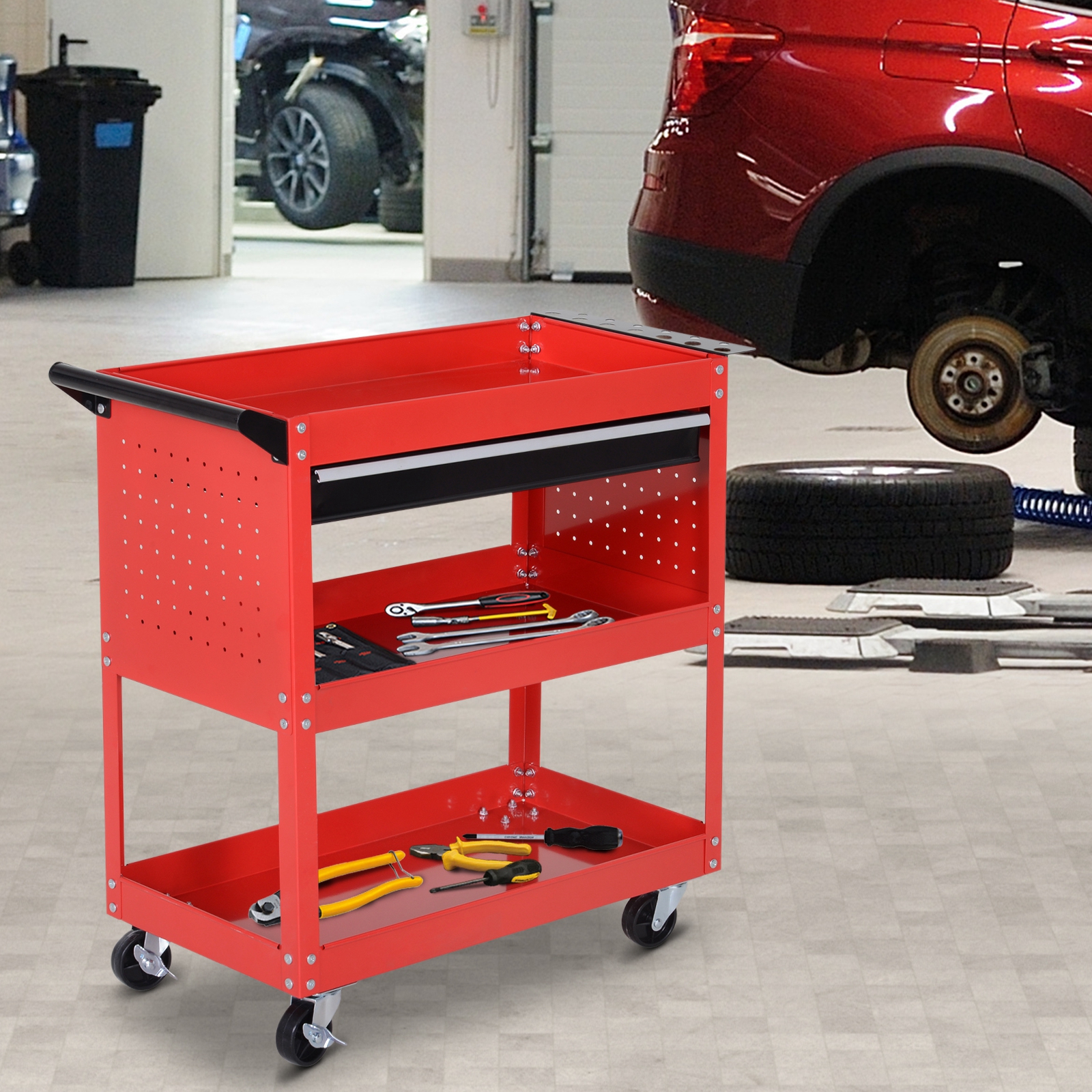 Werkzeugkoffer Werkzeugtrolley Werkzeugbox, 3 Ebenen, 4 Rollen, 82 cm x 35 cm x 76 cm, Rot
