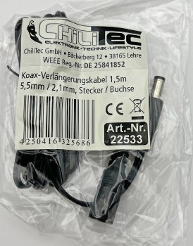 Verlängerungskabel für Netzteile 1,5m / 5,5mm / 2,1mm, Stecker / Buchse