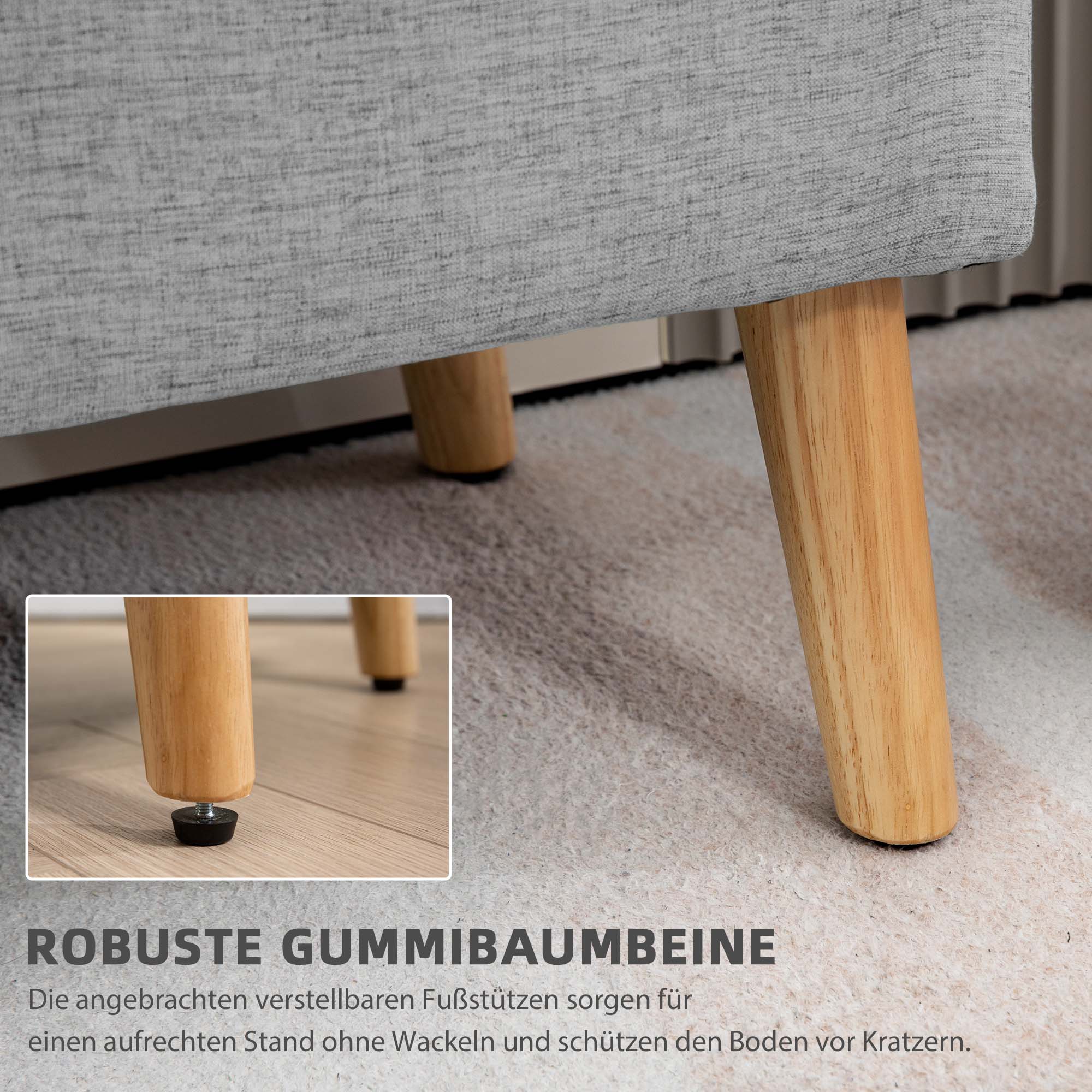 Polsterbank mit Stauraum, Bezug in Leinenoptik, Kautschukholzbeine, bis 220 kg, 110x39x45cm, Grau
