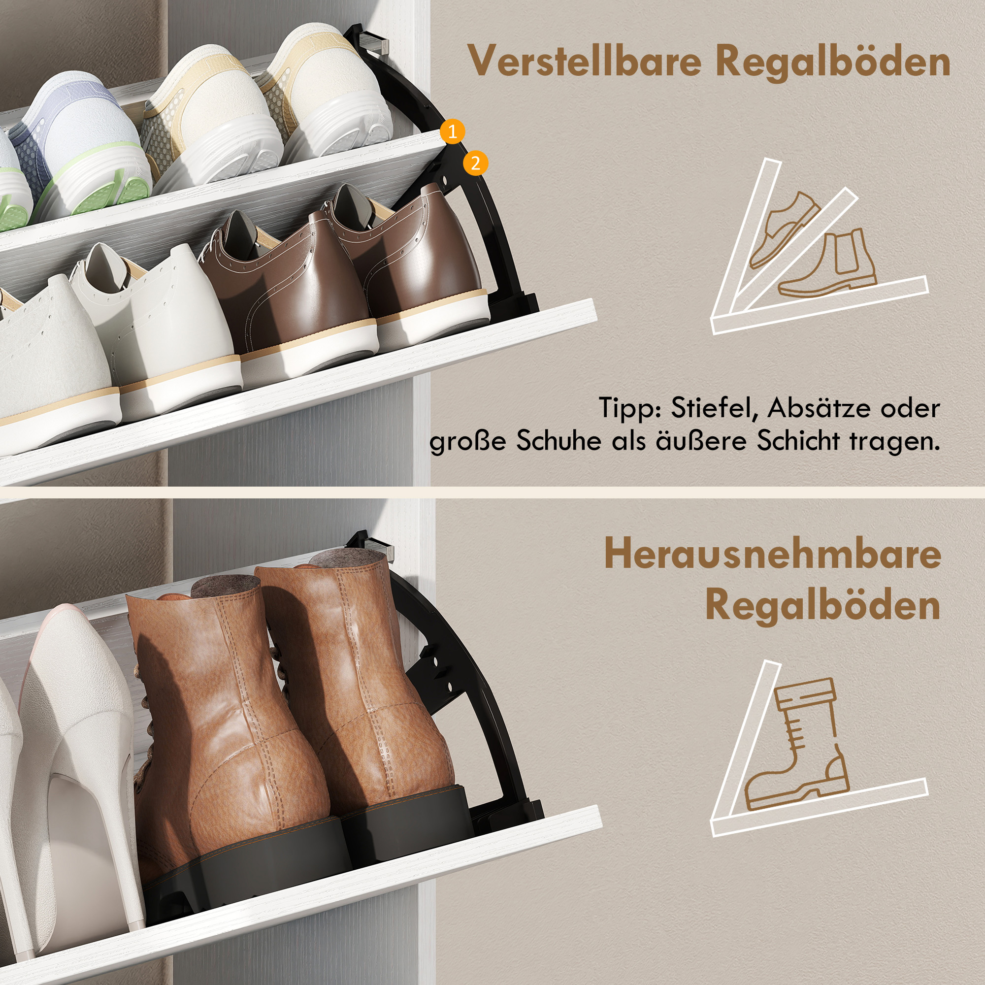 Schuhschrank mit 2 Klappen Schuhkipper mit Verstellbar Trennwand, offenem Fach für 12 Paar Schuhe 89 x 25 x 92 cm Weiß