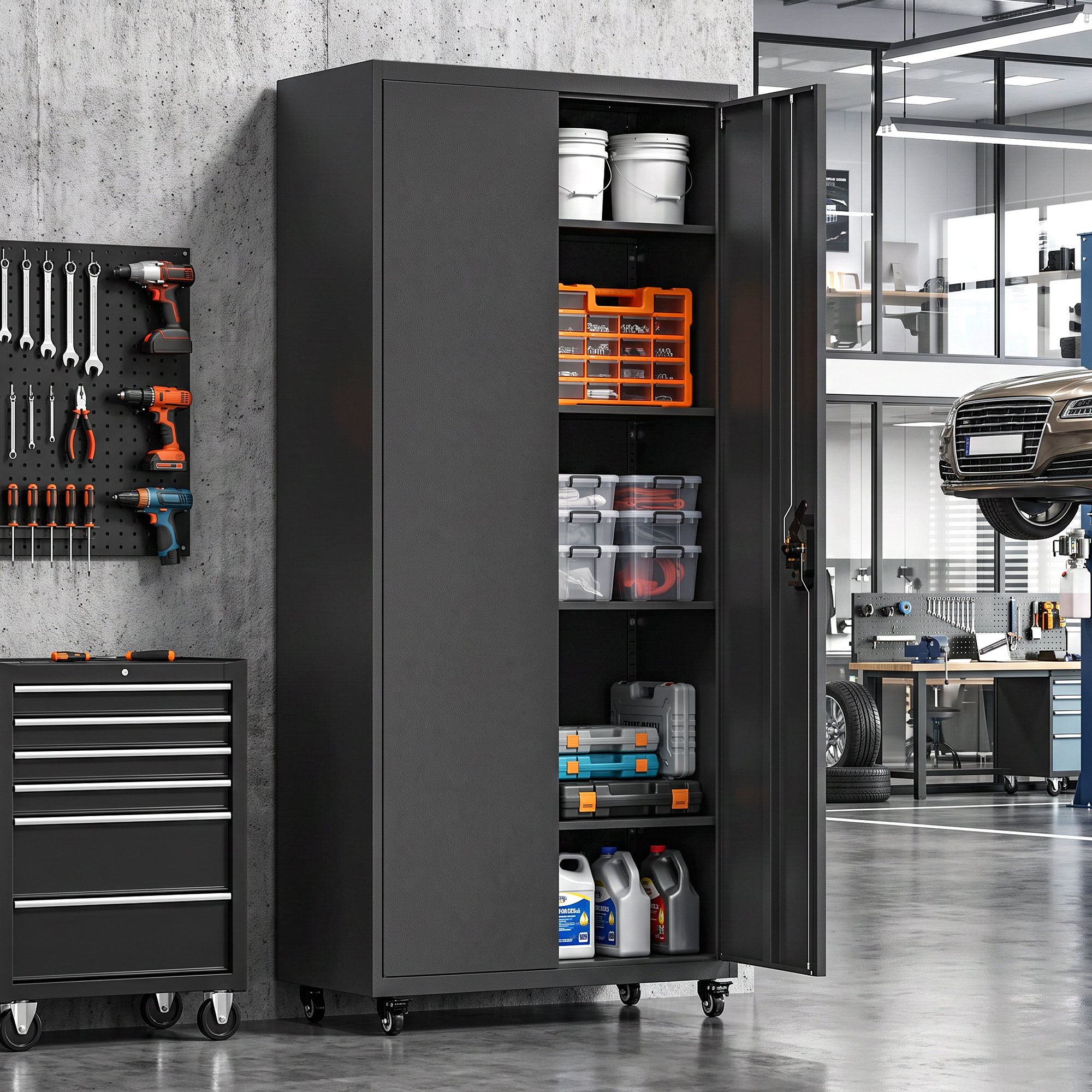 Aktenschrank, Abschließbar Metallschrank mit Rollen, 5 Verstellbaren Ablagen, aus Stahl, 80 x 40 x 180 cm Schwarz