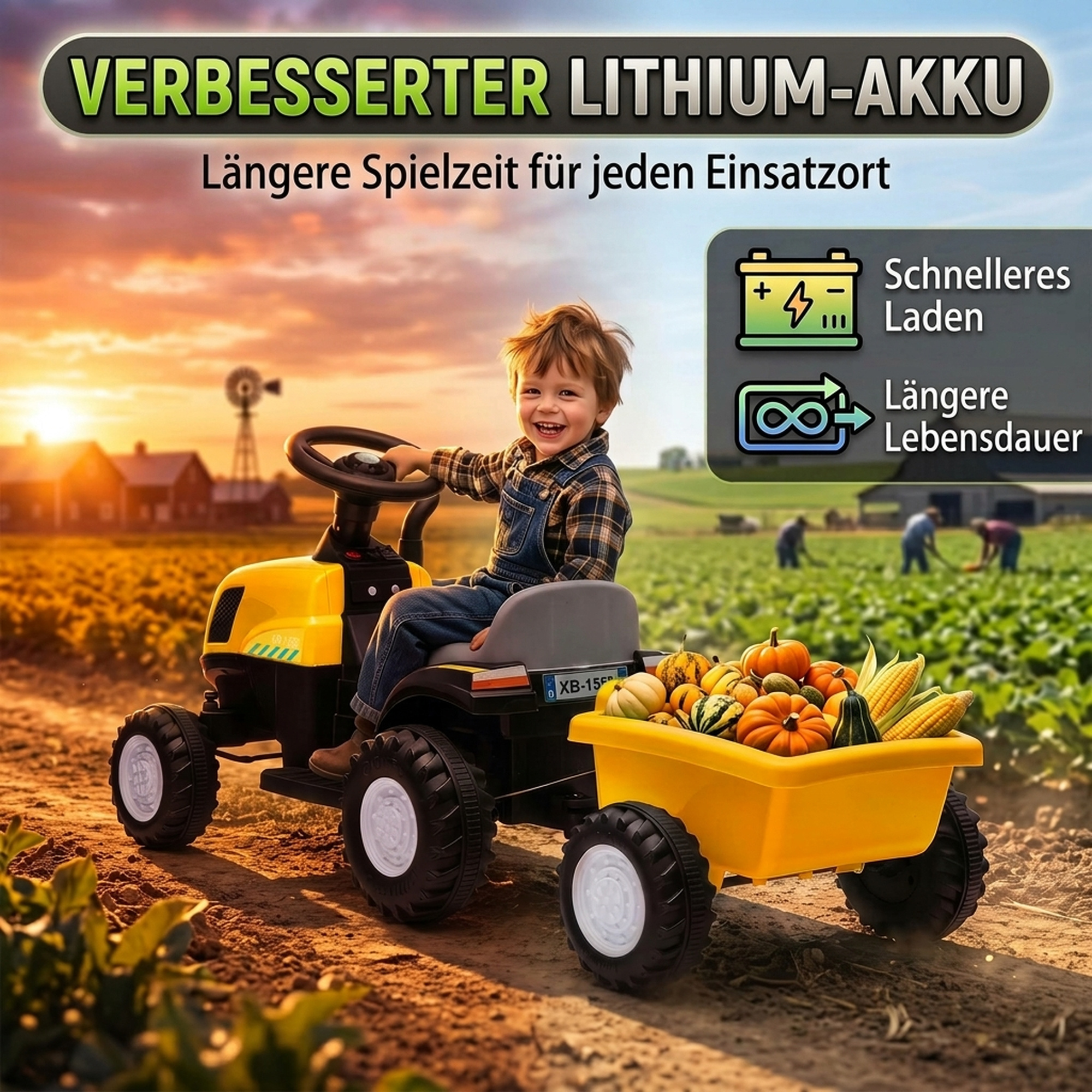 Kinder Traktor mit abnehmbar Anhänger Aufsitztraktor mit Lithium-Akku Fußpedal, Musik, Hupe Licht, Gelb