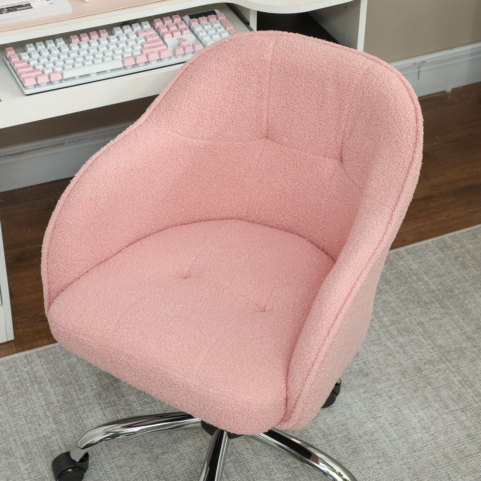 Homeoffice Stuhl, Ergonomisch Schreibtischstuhl mit Wippfunktion, Teddysamtoptik 56 x 61 x 86 cm Rosa