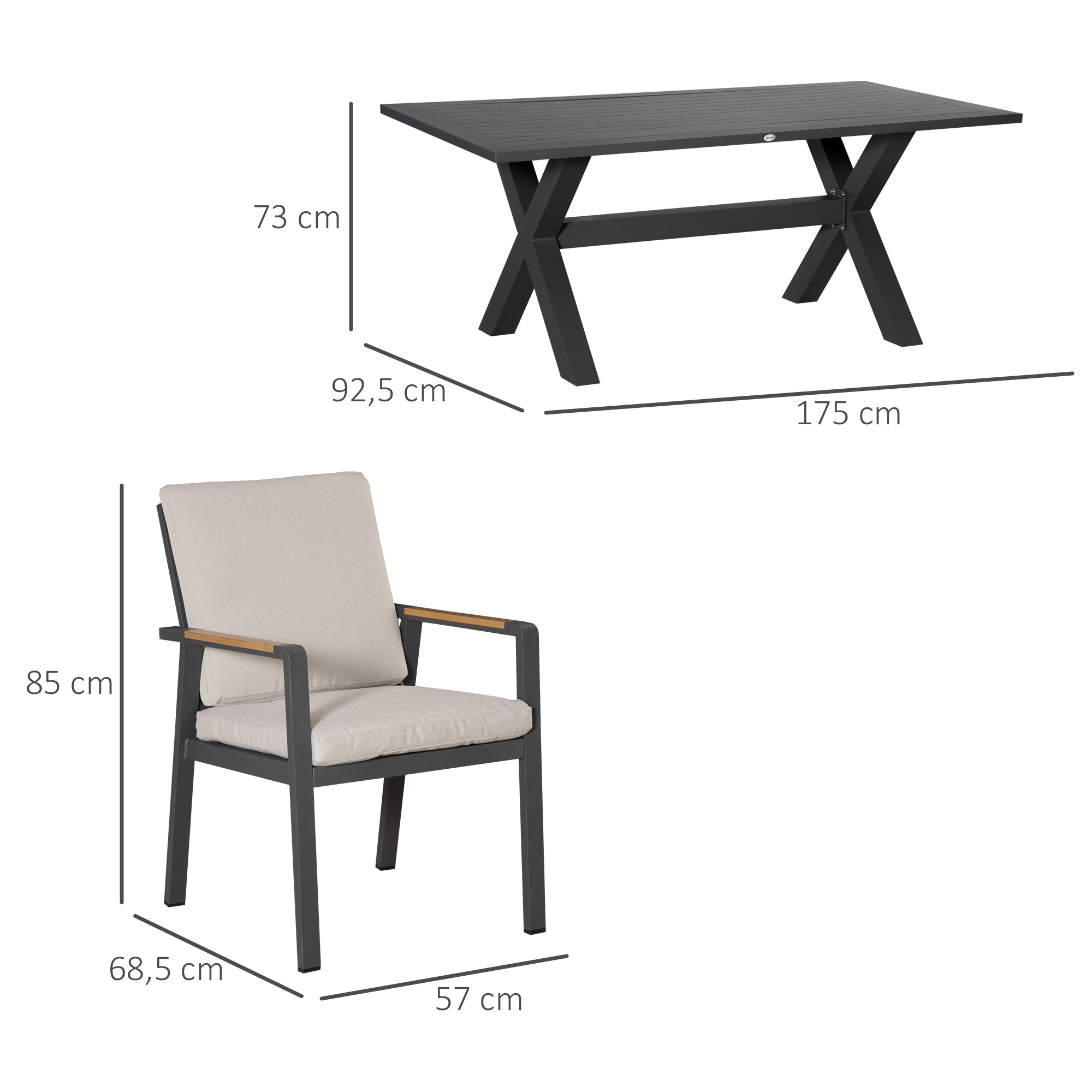 Gartenmöbel-Set für 6 Personen, 6 Stühle, 1 Tisch, wetterbeständig, 175 cm x 92 cm x 73 cm, Schwarz + Grau