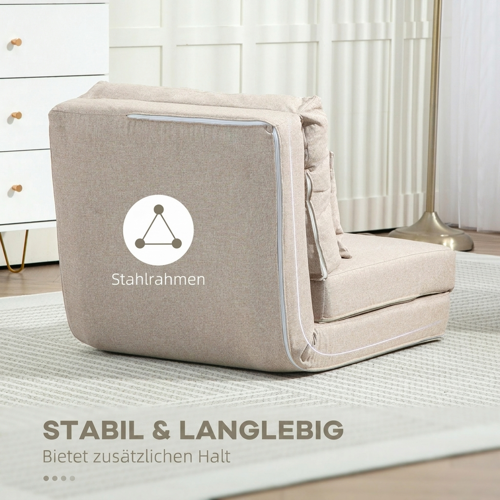 Bodensessel Klappmatratze Schlafmatte, 2-in-1-Design, abnehmbares Kissen, 60 x 80 x 56 cm, Beige