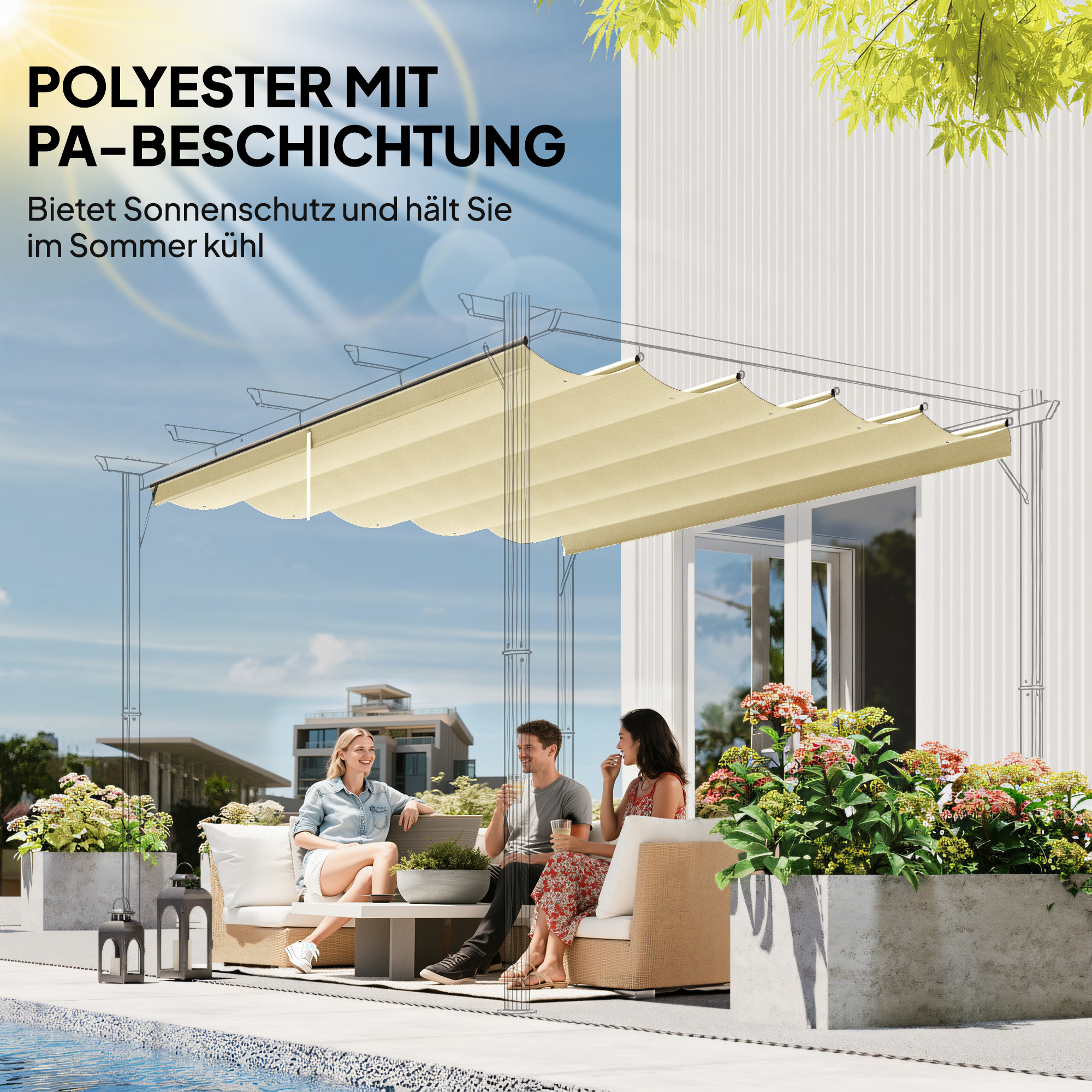 Ersatzdach für 4 x 3 m Pergola, einziehbar, mit Regenabflusslöchern, wetterfest, Polyester, Cremeweiß