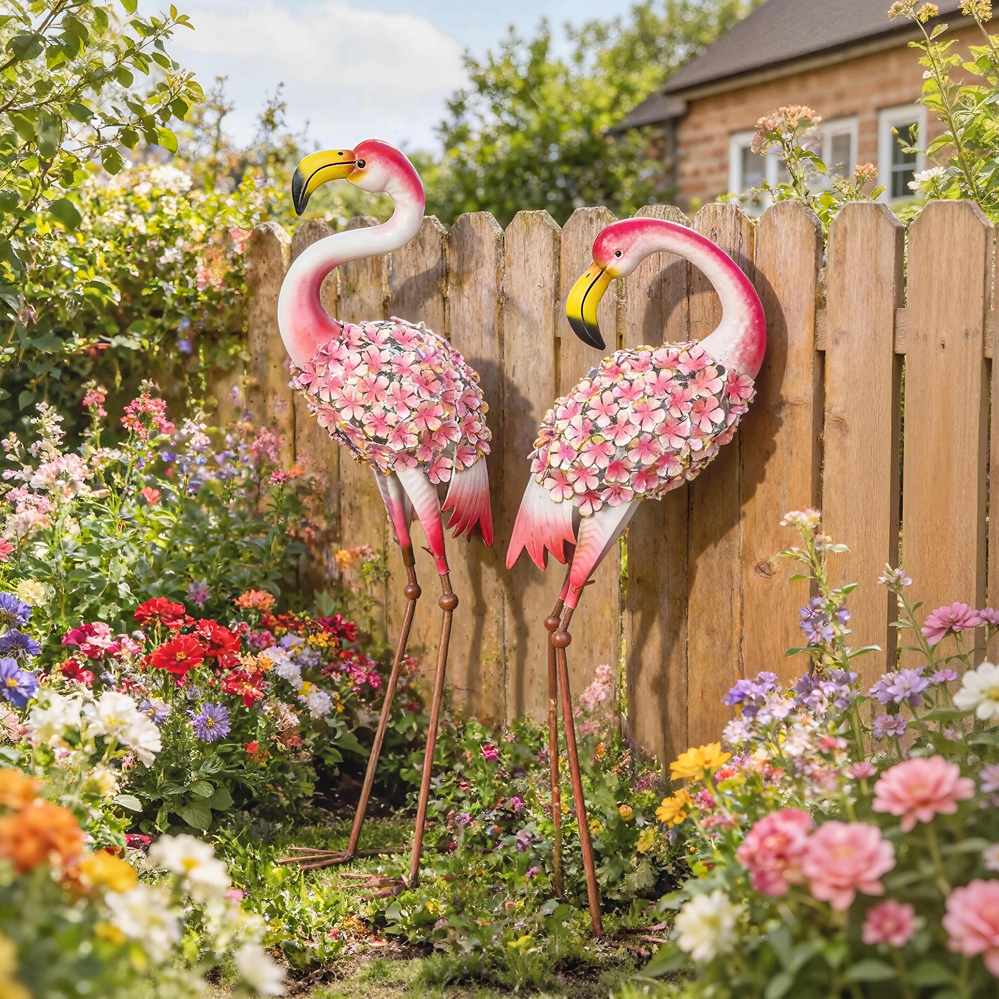 Flamingo Gartenstatuen Set aus 2, Florale Feder-Metallvögel, Stehende Skulpturen mit Bodenankern, Rot