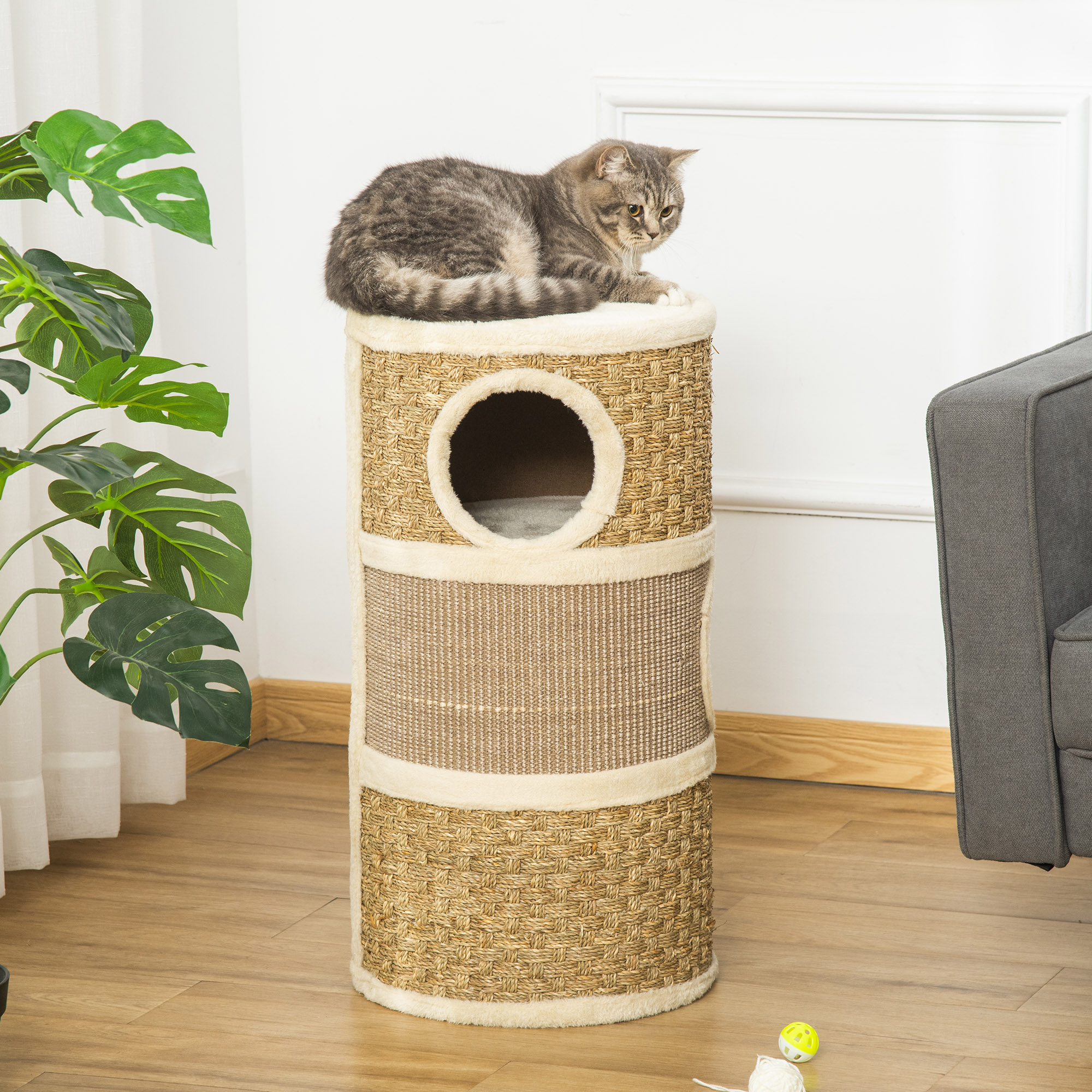 Kratztonne, Höhe 70 cm, Katzenkratzbaum für katzen 3 Ebenen Katzenbaum Kletterbaum Katzenmöbel mit Sisal Plüsch