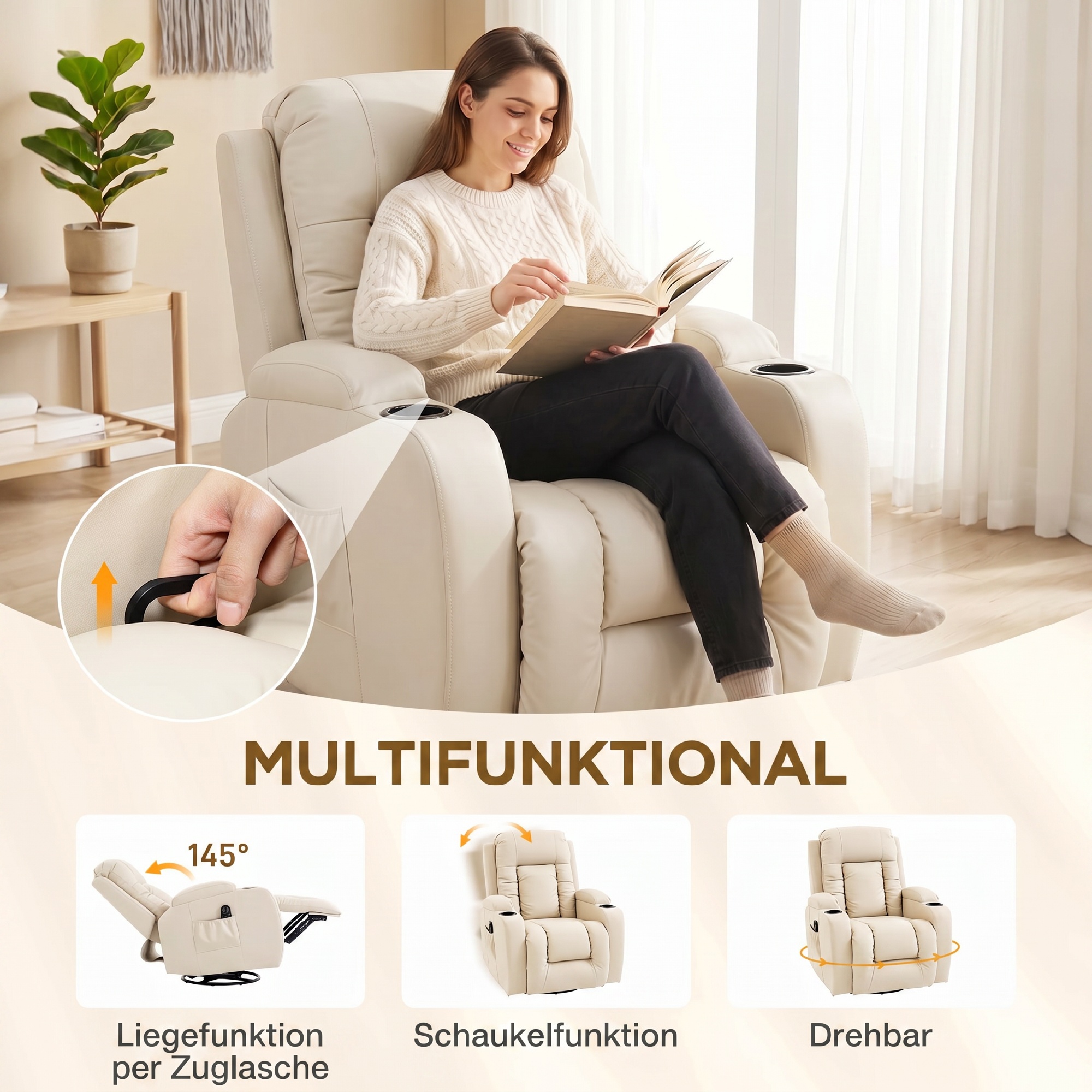 Massagesessel mit Wipp-, Liege- & Wärmefunktion, 3 Modi, drehbar, Cremeweiß