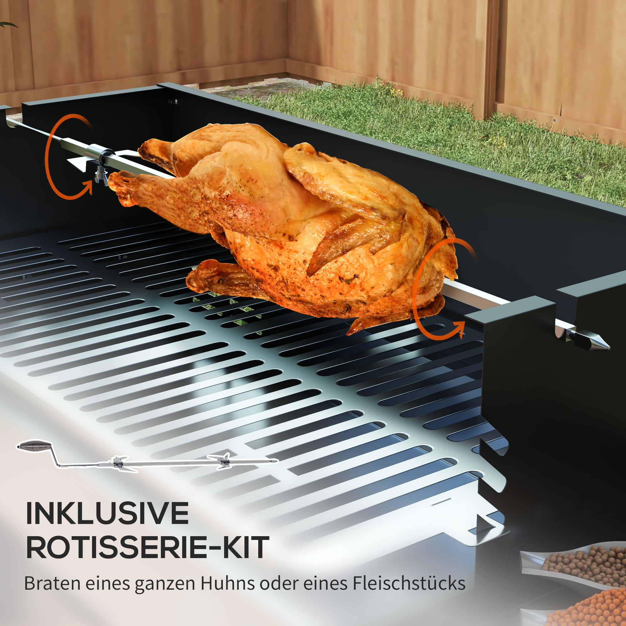 Holzkohlegrill Grill BBQ-Grill, verstellbares Rost, 1 Drehspieß, 118 x 32 x 90 cm, Schwarz + Silber