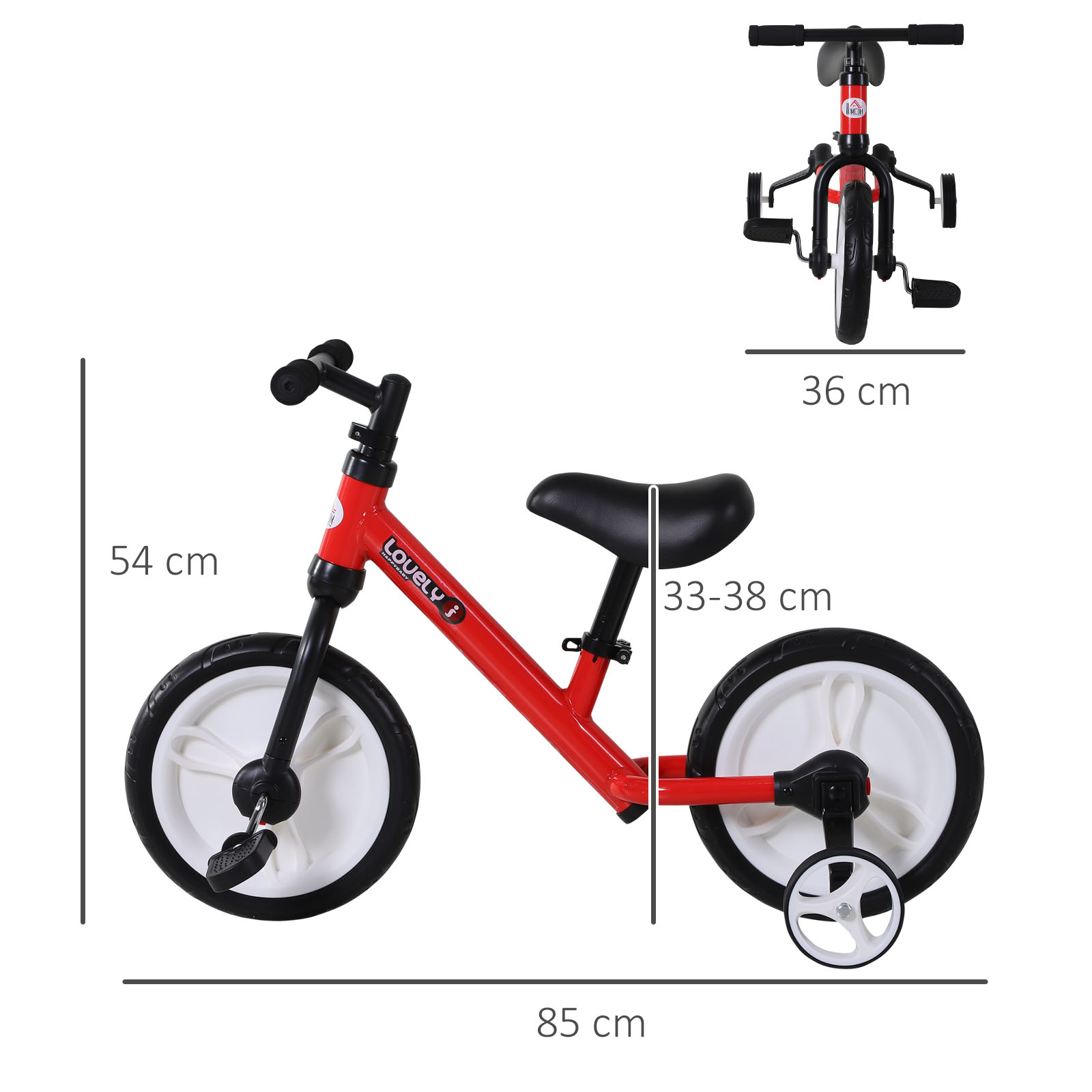 Kinder Laufrad, Lauflernrad, Kinderfahrrad, 2-in-1, Kinderrad mit Stützrädern und Pedalen, 2-5 Jahre, Sitzhöhenverstellbar, PP, Rot, 85 x B36 x H54 cm