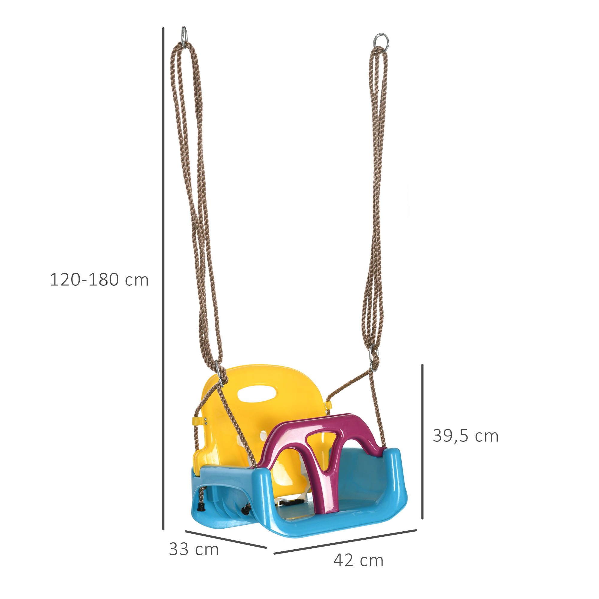 3-in-1 Kinderschaukel, höhenverstellbar, abnehmbare Rücklehne, für In- und Outdoor, blau+gelb, 42 x 33 x 180 cm