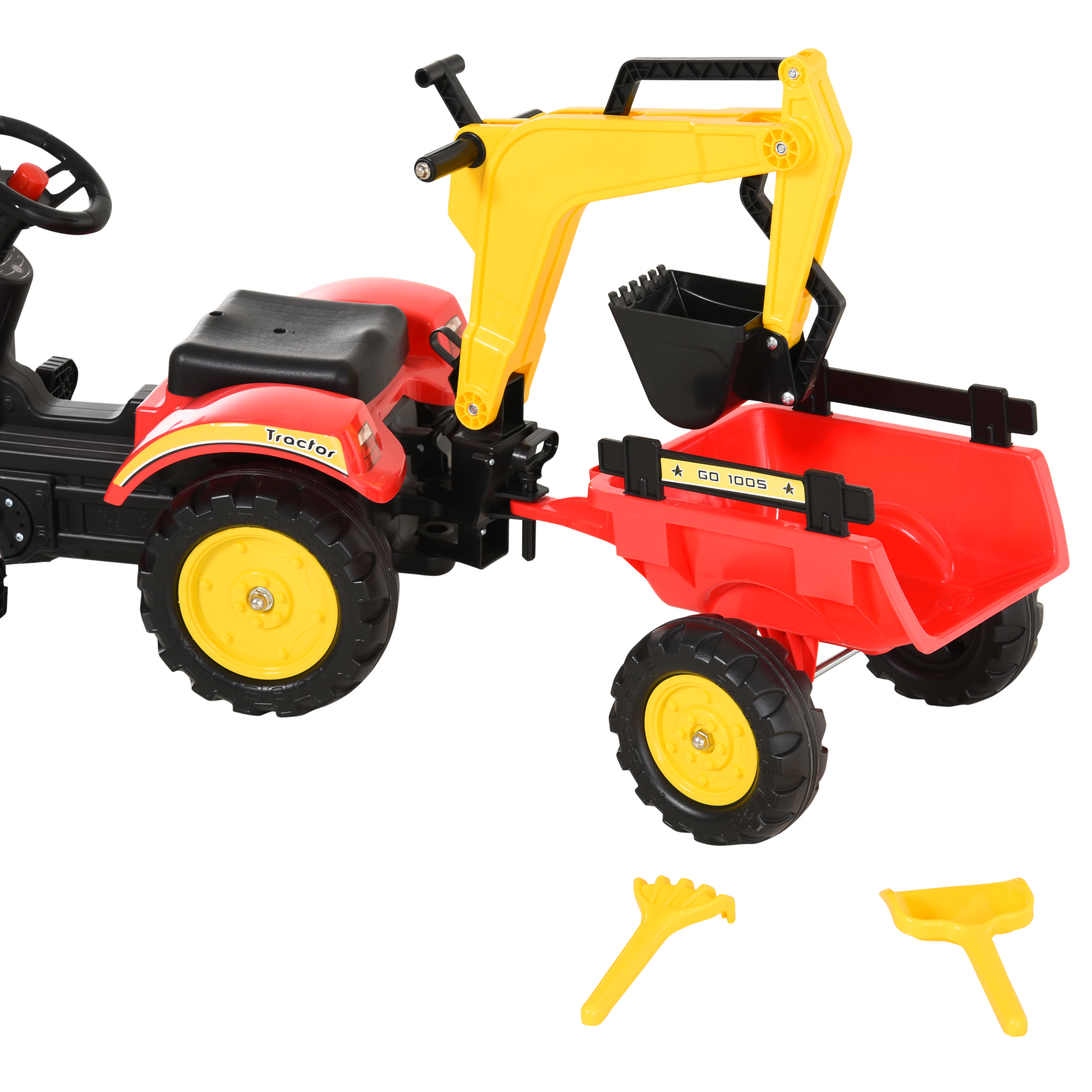 Trettraktor mit Anhänger, Frontlader, verstellbarer Schaufel, Traktor Tretfahrzeug für Kinder ab 3 Jahren Rot