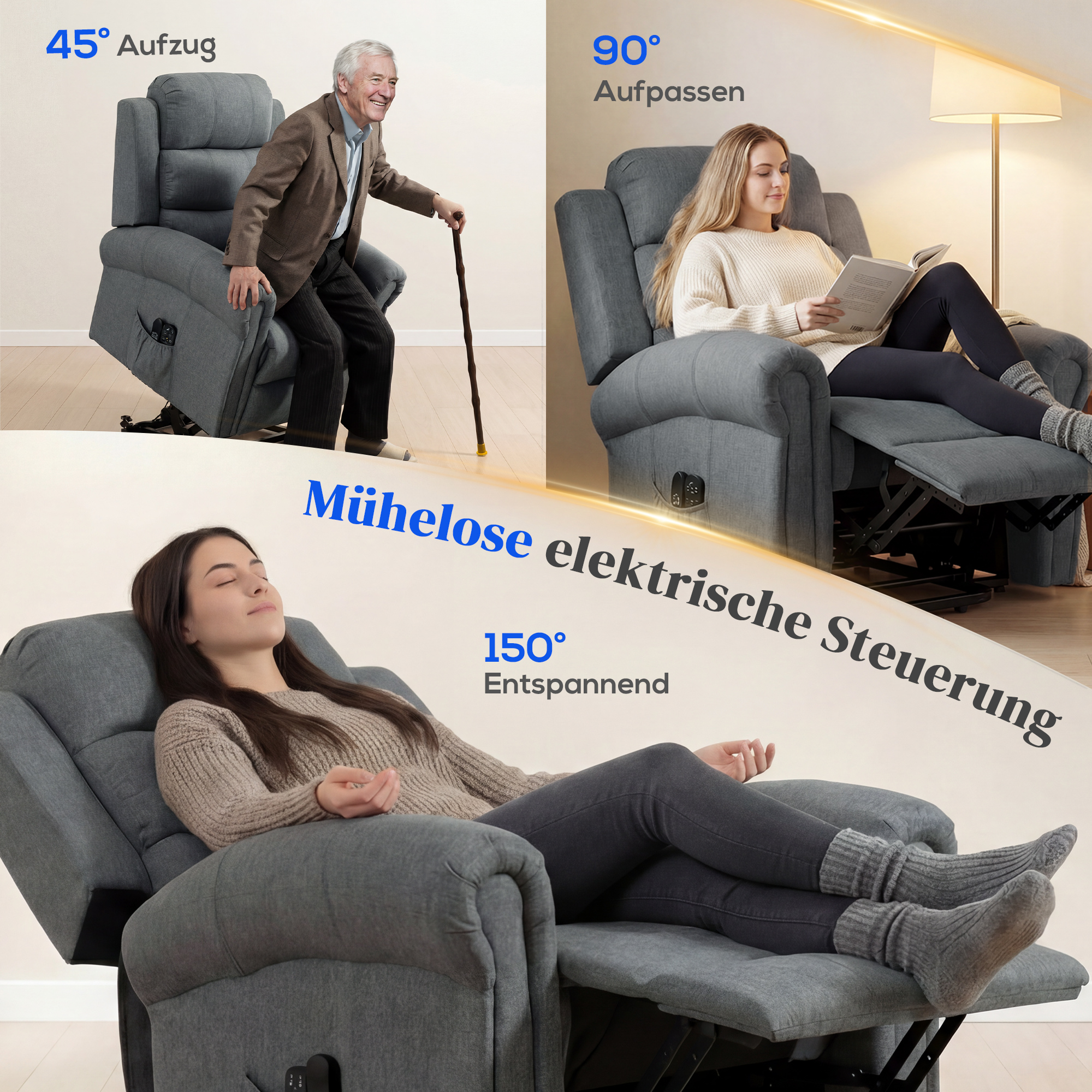 Massagesessel mit Aufstehhilfe, Relaxsessel, Vibrationsköpfe, mit Neigefunktion, Leinenoptik, Grau