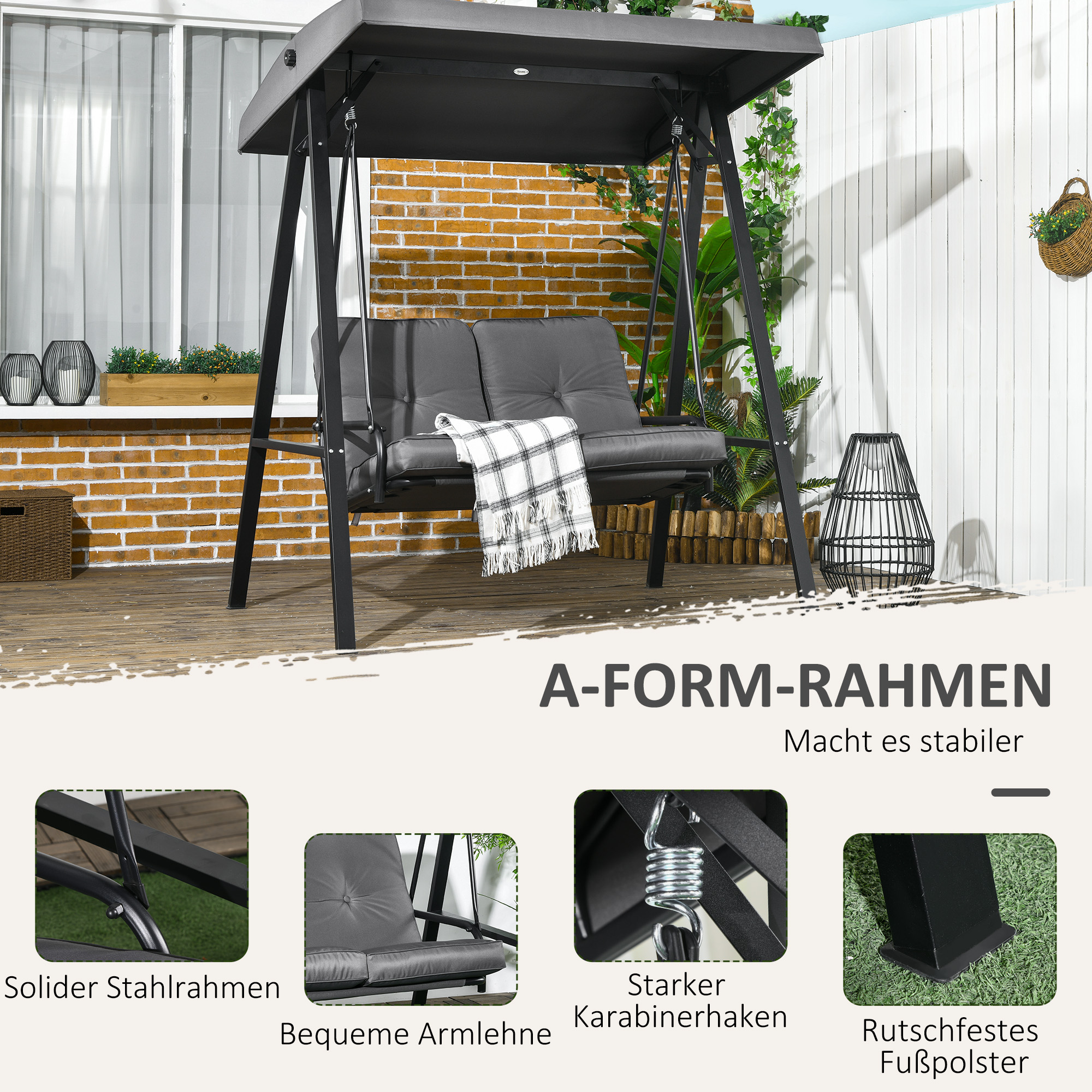Hollywoodschaukel, 2-Sitzer Gartenschaukel mit verstellbarem Dach, bis 220 kg belastbar, 145 x 116 x 172 cm, Dunkelgrau