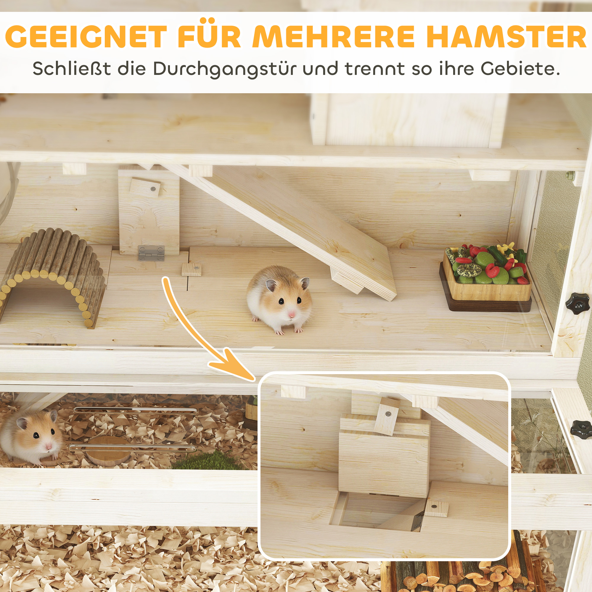 Hamsterkäfig, 3 Ebenen, Hütte, Zubehör, 100 x 50 x 84 cm, für mehrere Kleintiere, Holz, Kunststoff