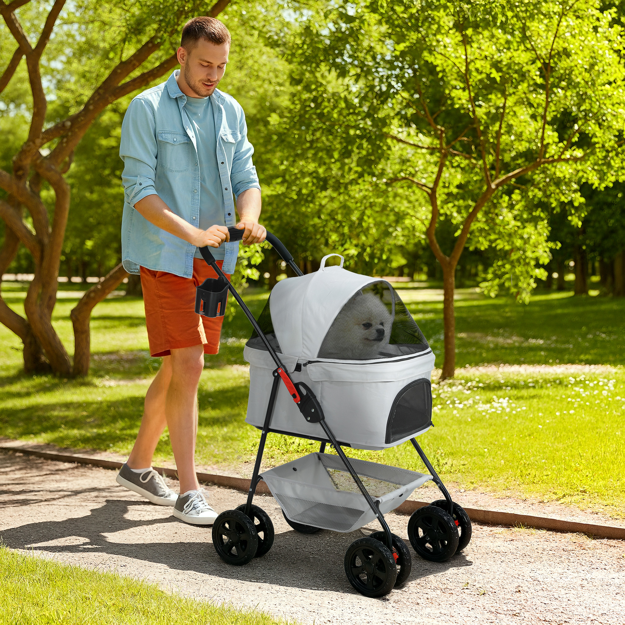 3-in-1-Haustierkinderwagen, zusammenklappbarer Hundewagen mit 4 Rädern und abnehmbarer Trage für Hunde und Katzen, Grau