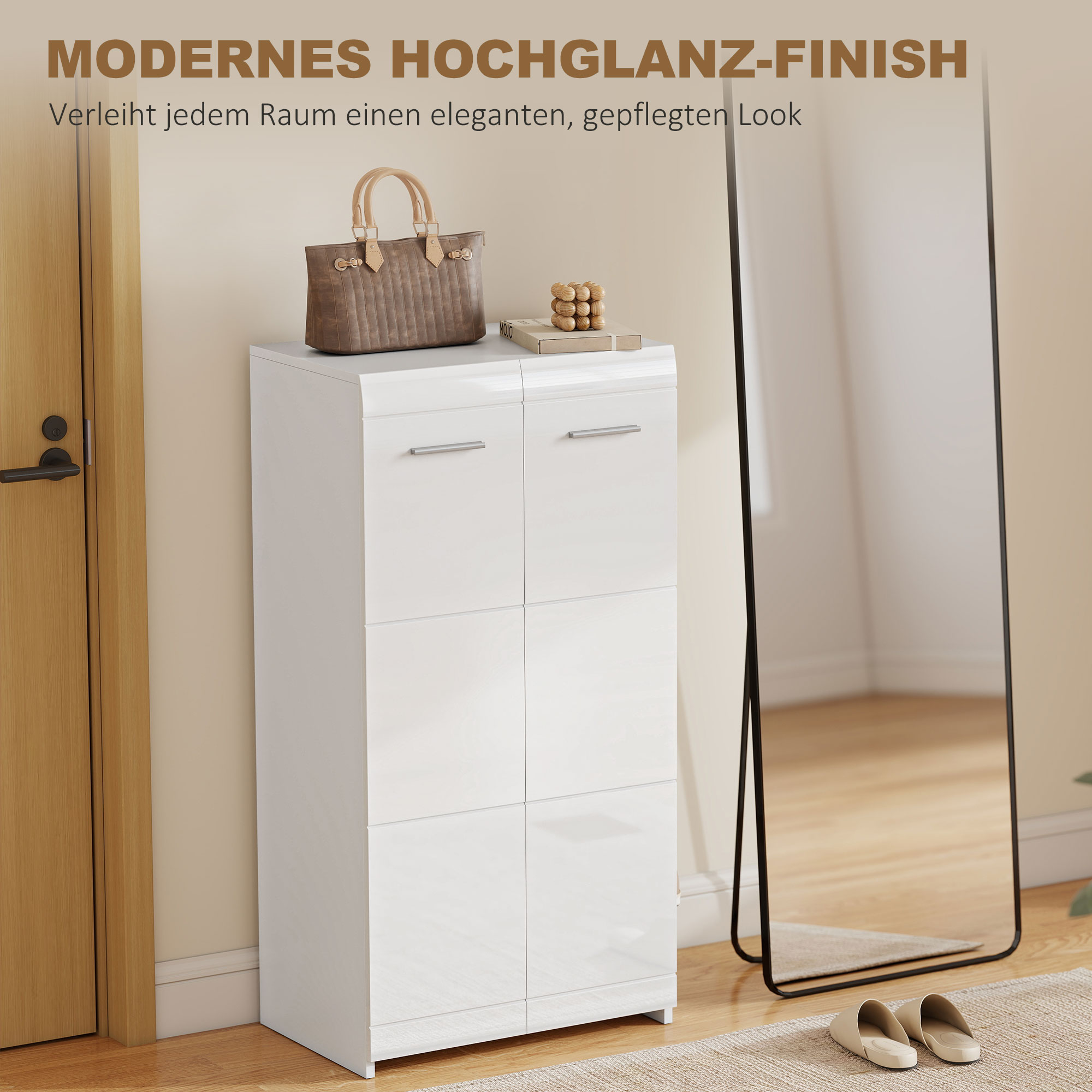 Schuhschrank in Hochglanz, Schuhaufbewahrung mit Verstellbaren Regalböden für Flur, Diele, Platz für 10 Paar, Weiß