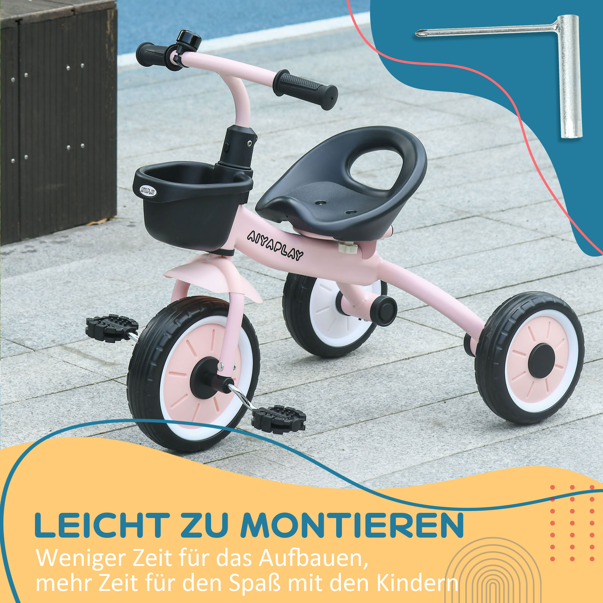 Dreirad für Kinder 2-5 Jahre, höhenverstellbarer Sitz, Klingel, Fahrradkorb, Metallrahmen, Rosa