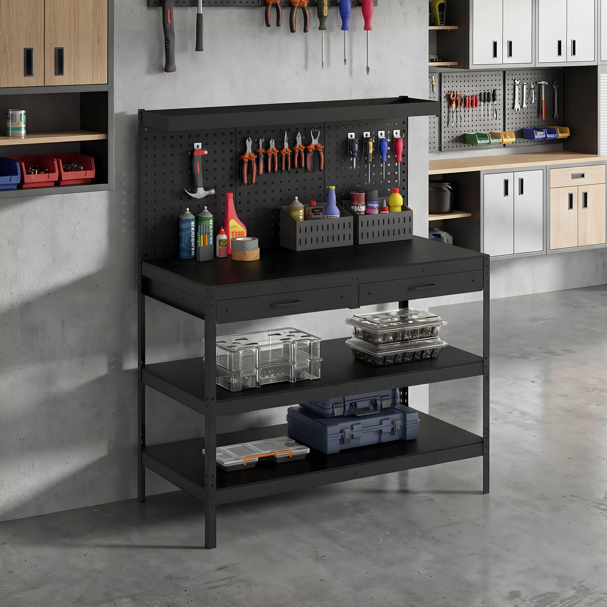 Werkbank mit verstellbaren Regalen, robuste Arbeitsstation mit Lochwand und 2 Schubladen, 122 x 61 x 156 cm, Schwarz
