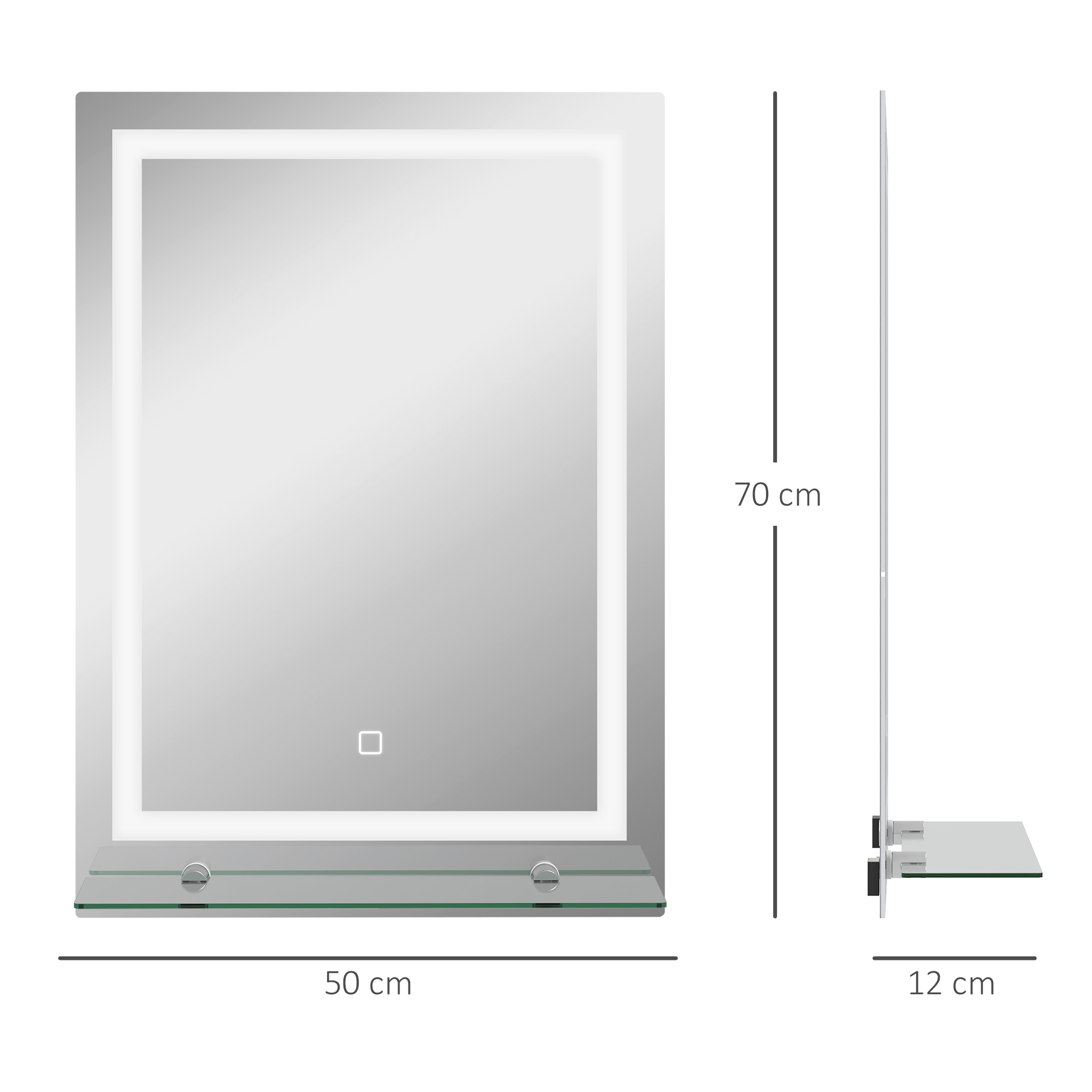 LED-Badspiegel, dimmbar, Anti-Beschlag, Touch-Schalter, Ablage, 50 x 70 cm, Silber