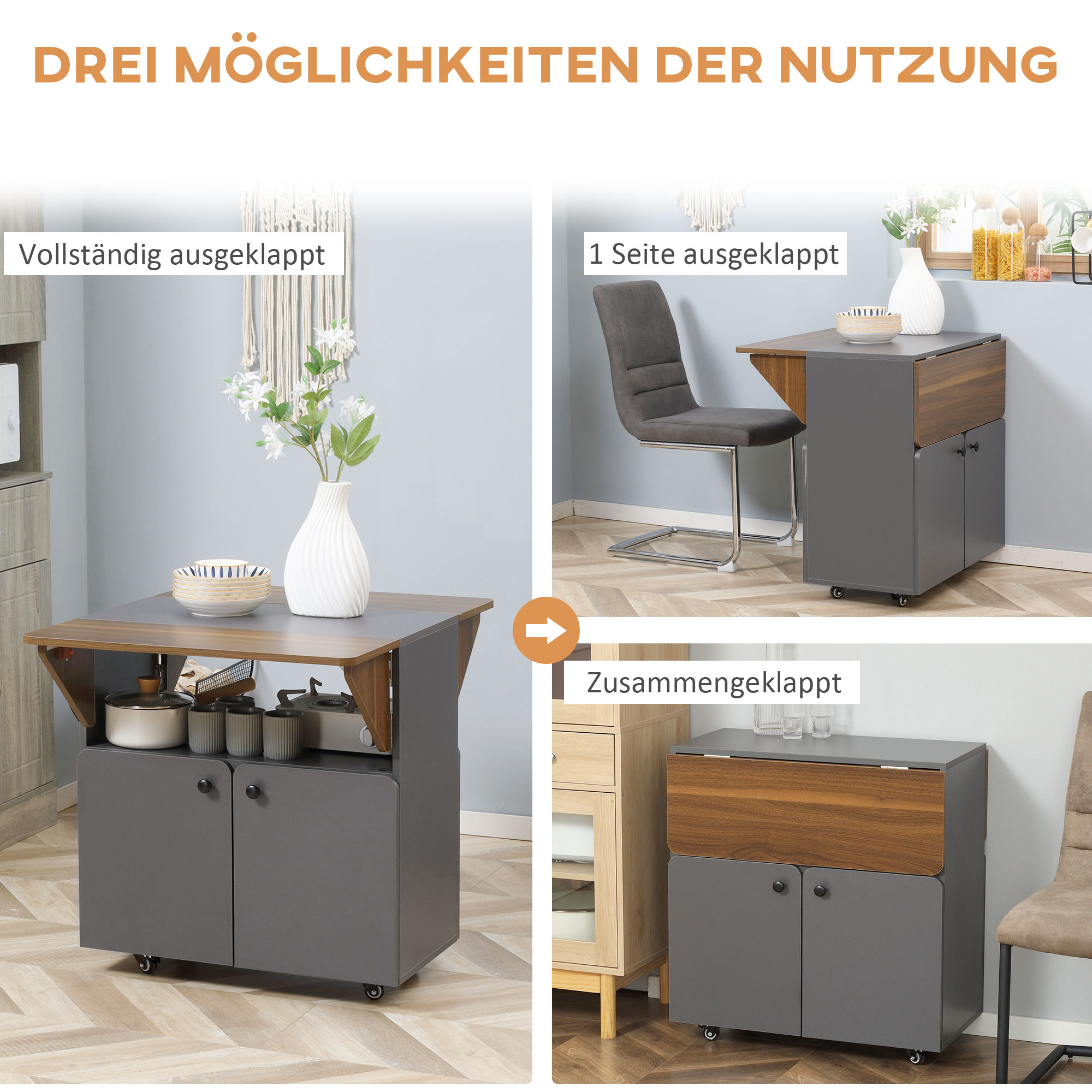 Klapptisch Rollschrank, zwei klappbare Tischseiten, Schrankfach, 4 Rollen, Hellgrau+Dunkelbraun, 70 x 83 x 75cm