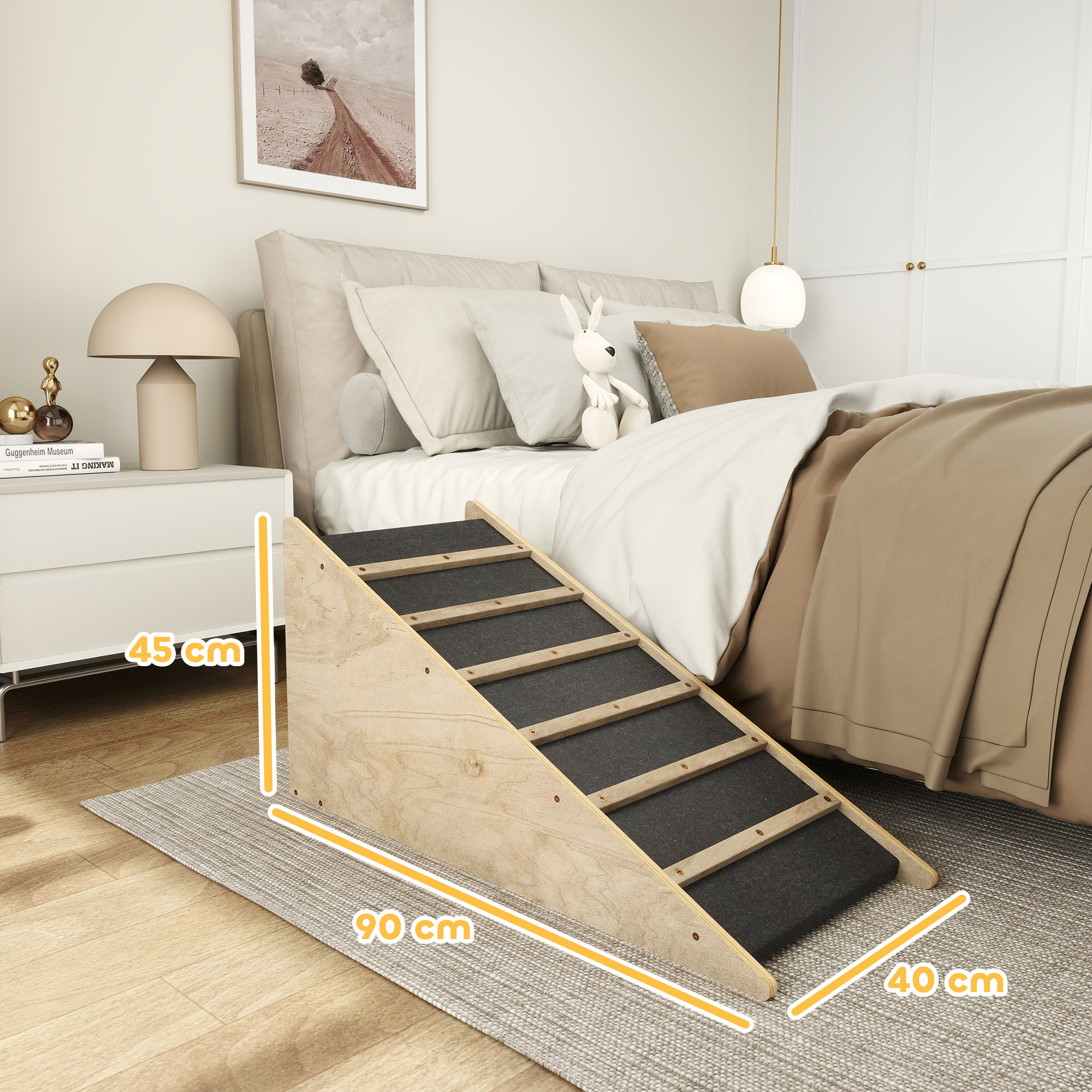 Haustiertreppe, Hundetreppe, Kiefernholz, Anti-Rutsch-Beschichtung, 90 cm x 40 cm x 45 cm, Natur + Grau