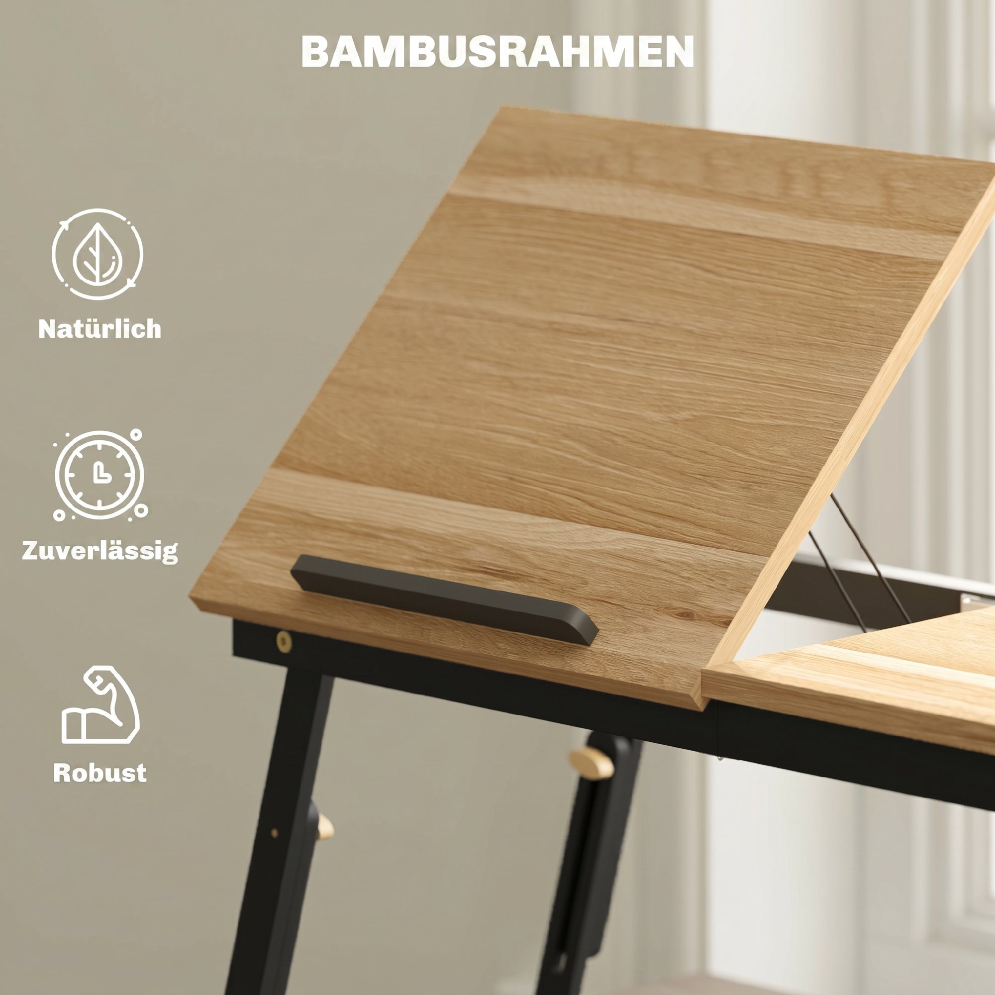 Betttisch, Laptoptisch Höhenverstellbar mit Schublade, Klappbar für Sofa Arbeiten Bett, Eiche