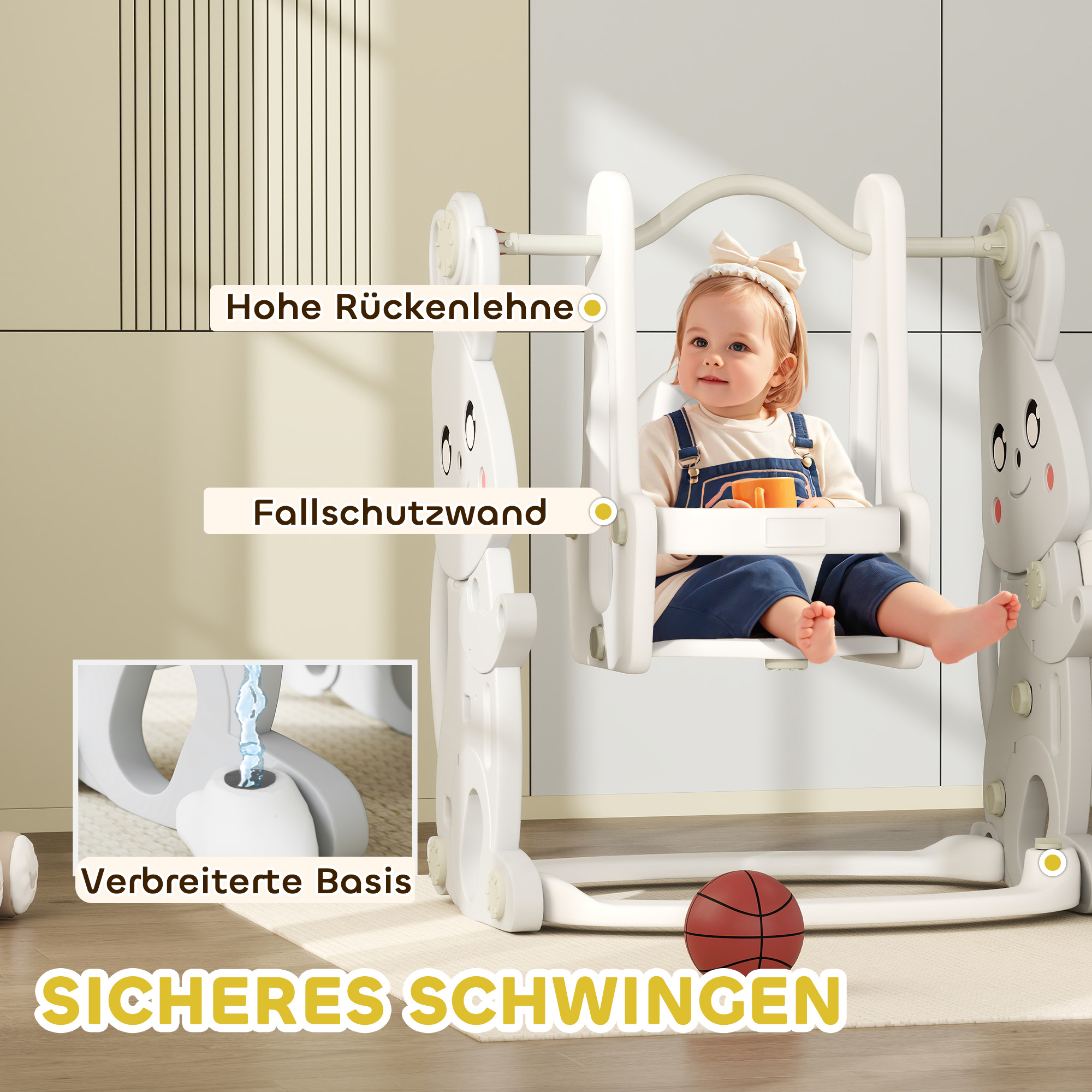 4-in-1 Spielset für Kleinkinder, Rutsche, Schaukel, Klettergerüst, Basketballkorb, Kunststoff, Hasendesign, Grau