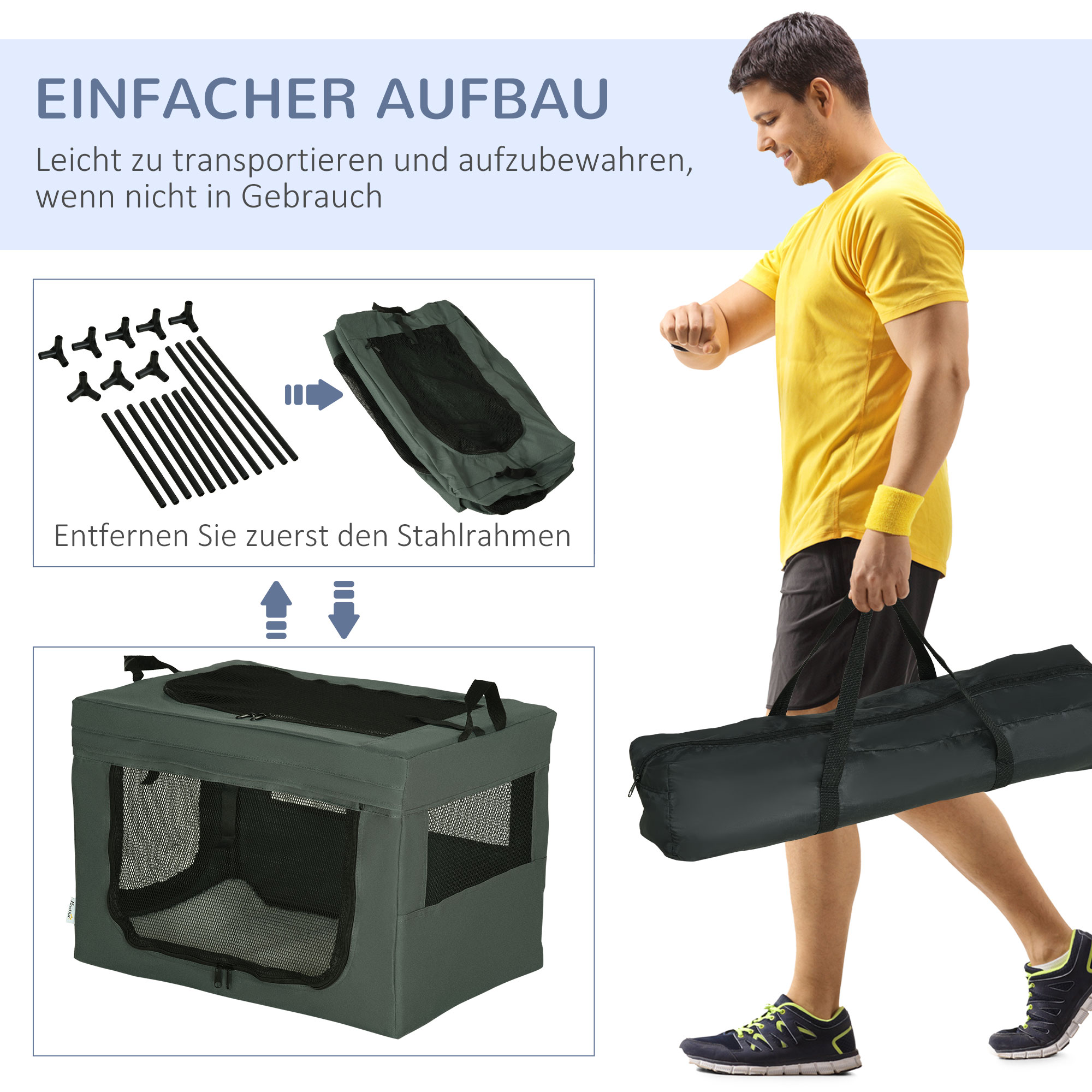 Transportbox, faltbar, 3 Eingänge, Innenkissen, für Hunde und Katzen bis 4 kg/40 cm, grau