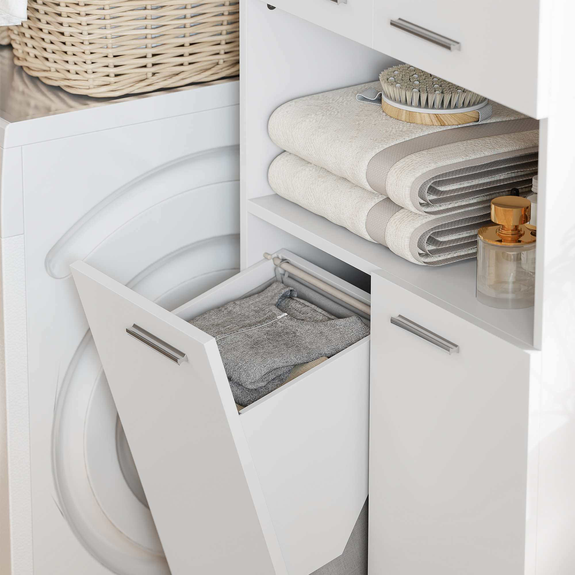 174 cm hoher Badezimmerschrank mit ausklappbarem Wäschekorb und Soft-Close-Türen, Weiß